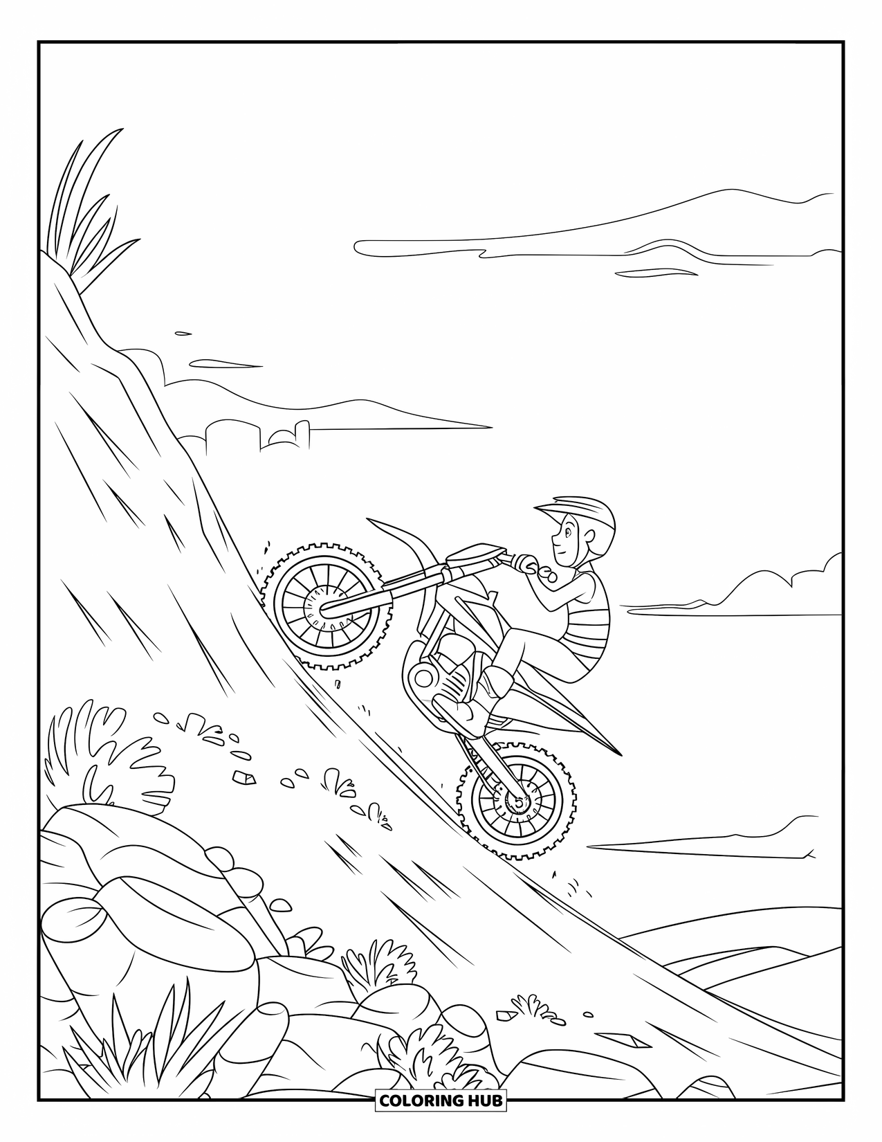 Dirt Bike Coloring Page for Kids: A dirt bike climbs a rocky hill as the rider pushes forward with focus