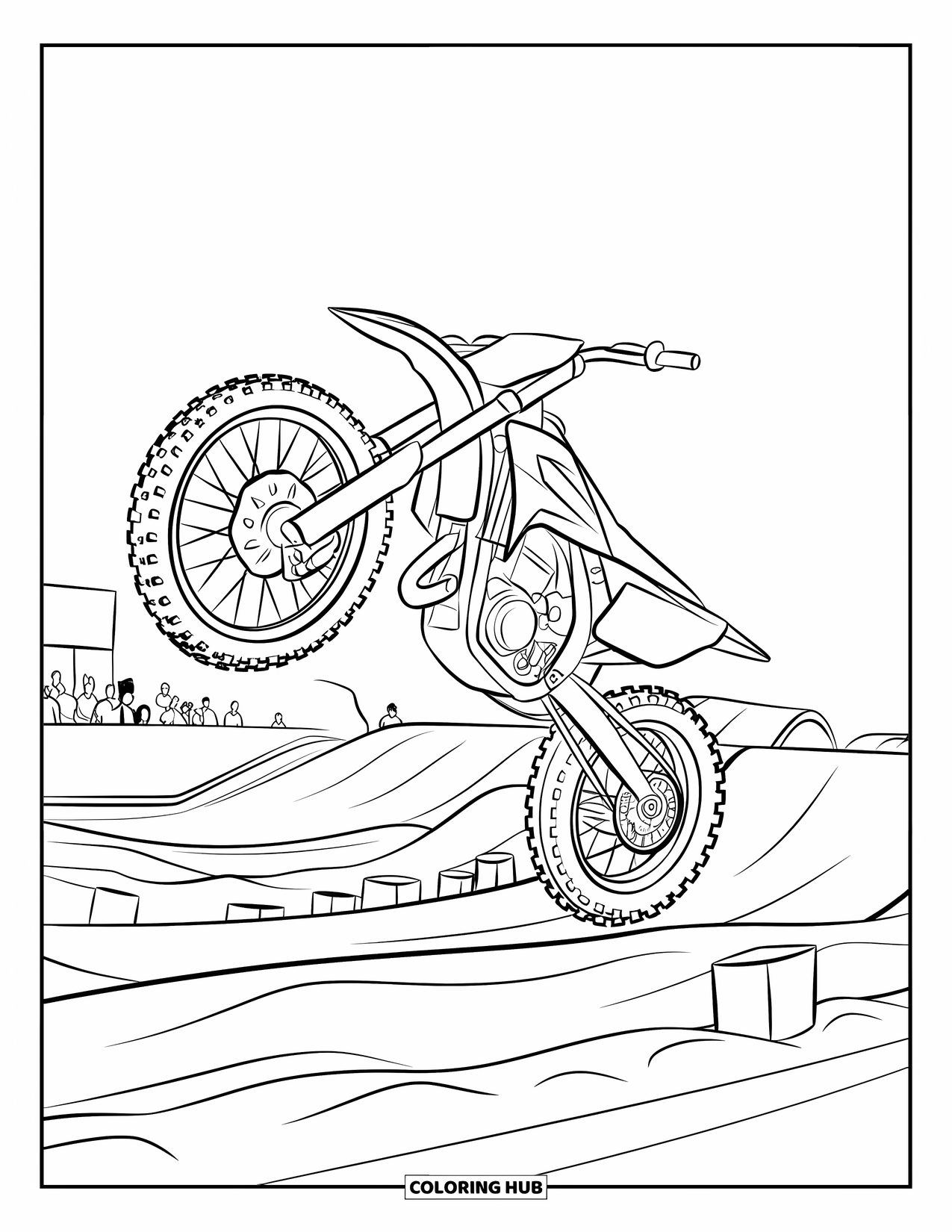 Dirt Bike Coloring Page for Kids: A dirt bike launches mid-air during a motocross jump with a crowd and track below