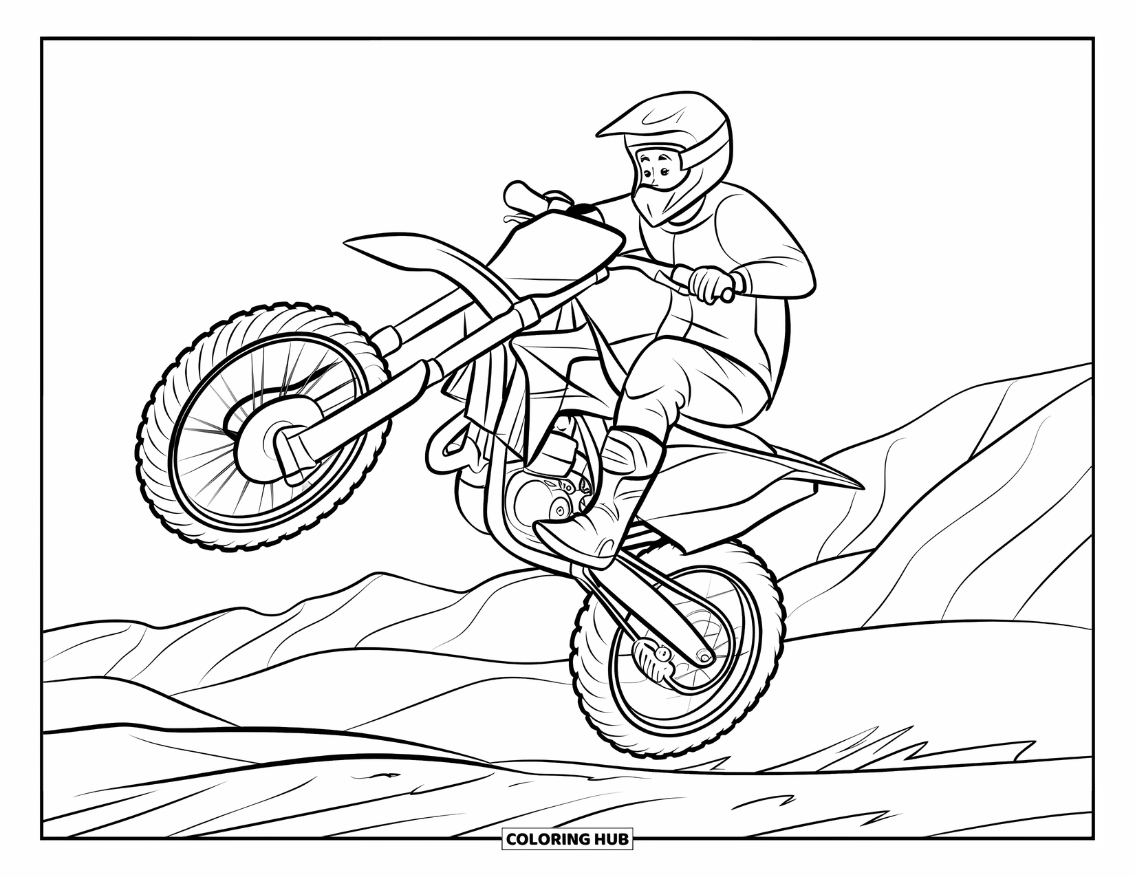 Dirt Bike Coloring Page for Kids: A dirt bike lifts mid-air with a rider above rugged hills and a clear sky
