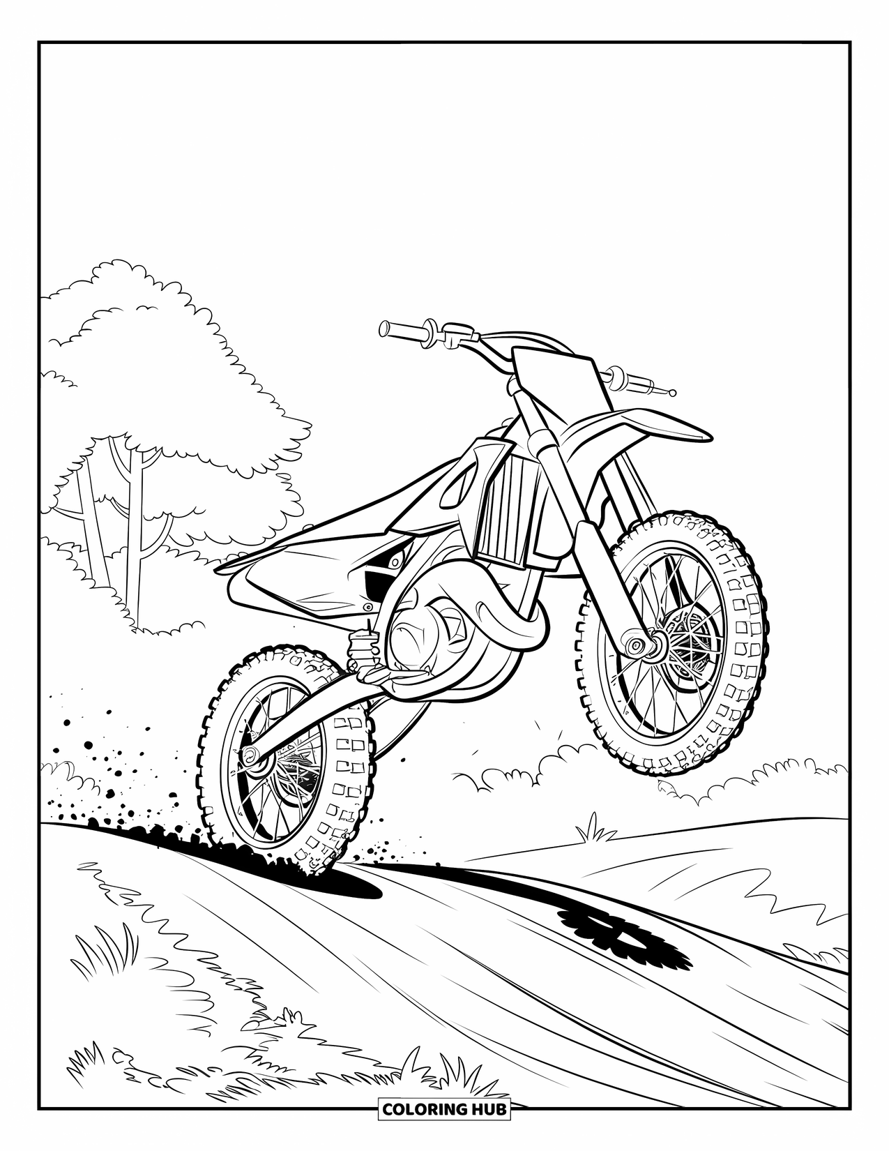 Dirt Bike Coloring Page for Kids: A dirt bike lifts off a mound as dust swirls behind and trees frame the scene