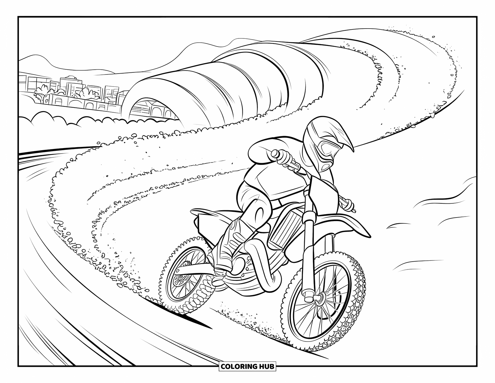 Dirt Bike Coloring Page for Kids: A dirt bike races downhill past dramatic curves with buildings in the distance