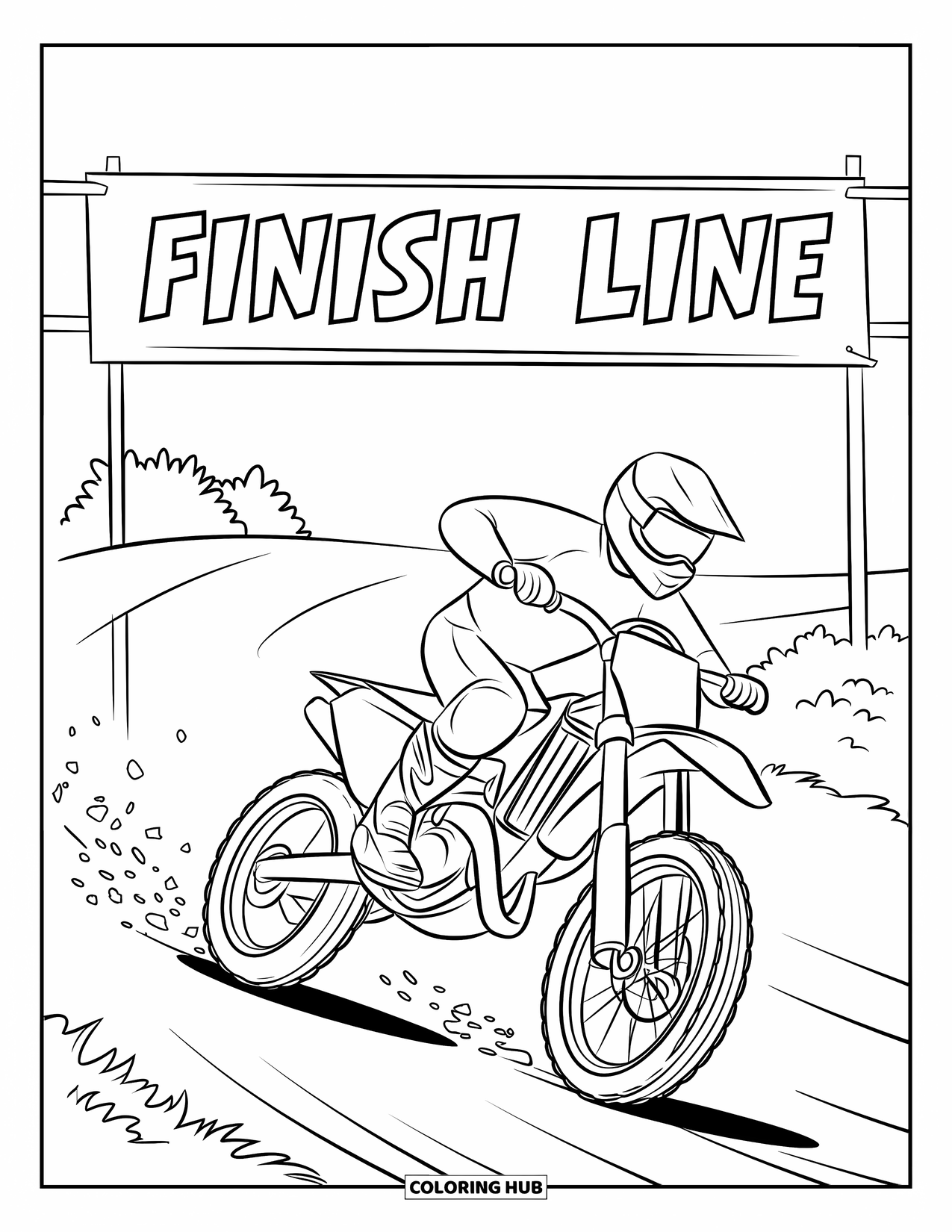 Dirt Bike Coloring Page for Kids: A dirt bike races under a "Finish Line" banner, leaving a trail of dirt behind