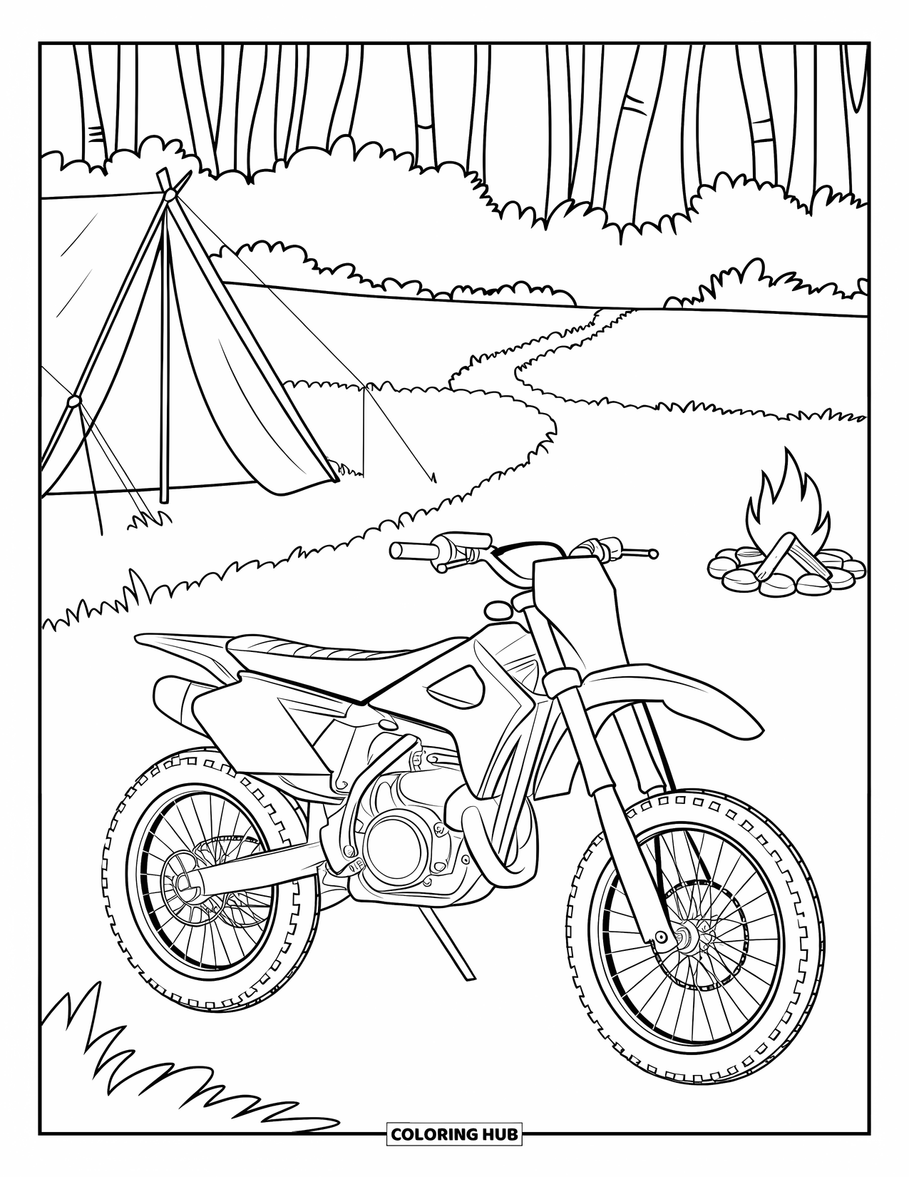Dirt Bike Coloring Page for Kids: A dirt bike rests by a campsite with a trail leading into the woods