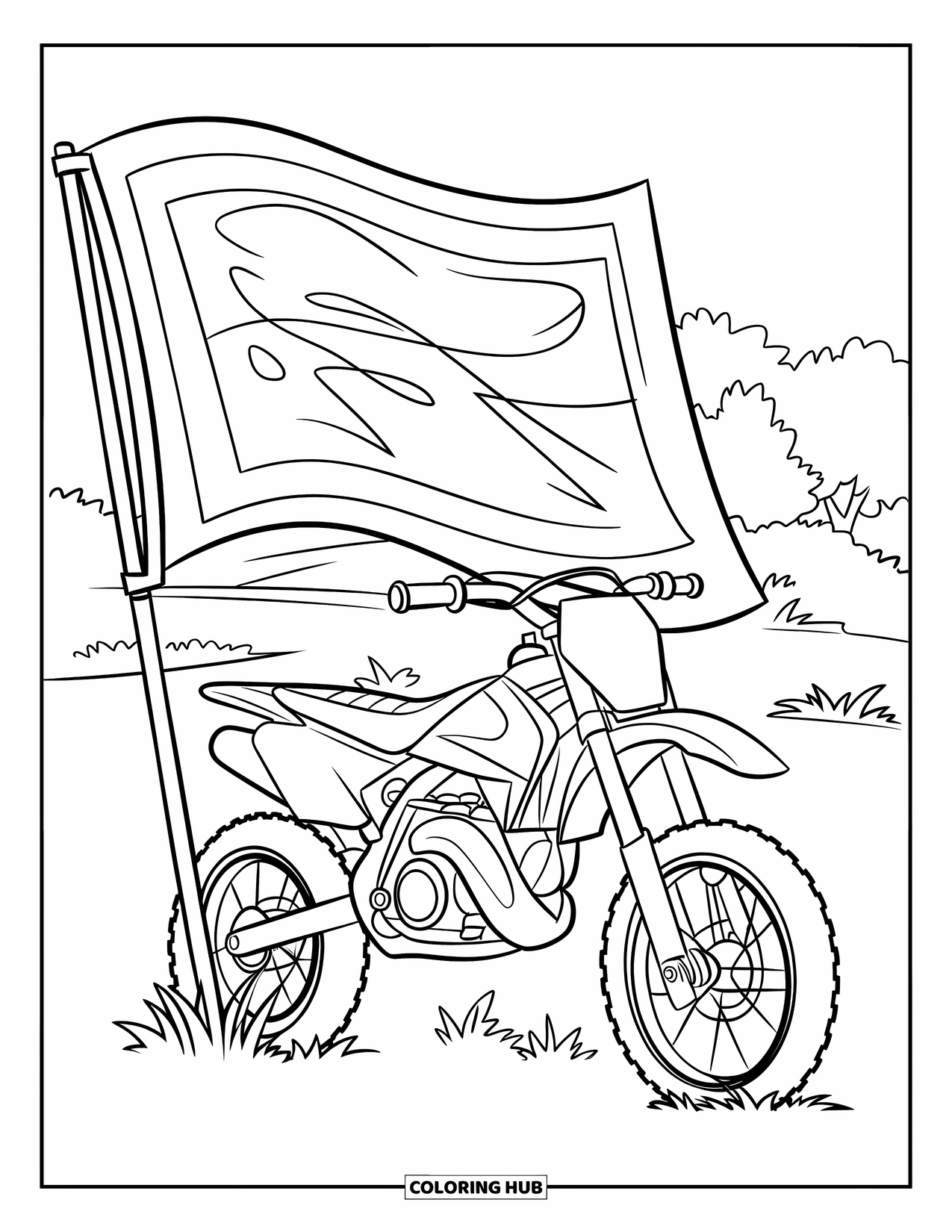 Dirt Bike Coloring Page for Kids: A dirt bike rests on the grass beside a waving race flag and a few trees