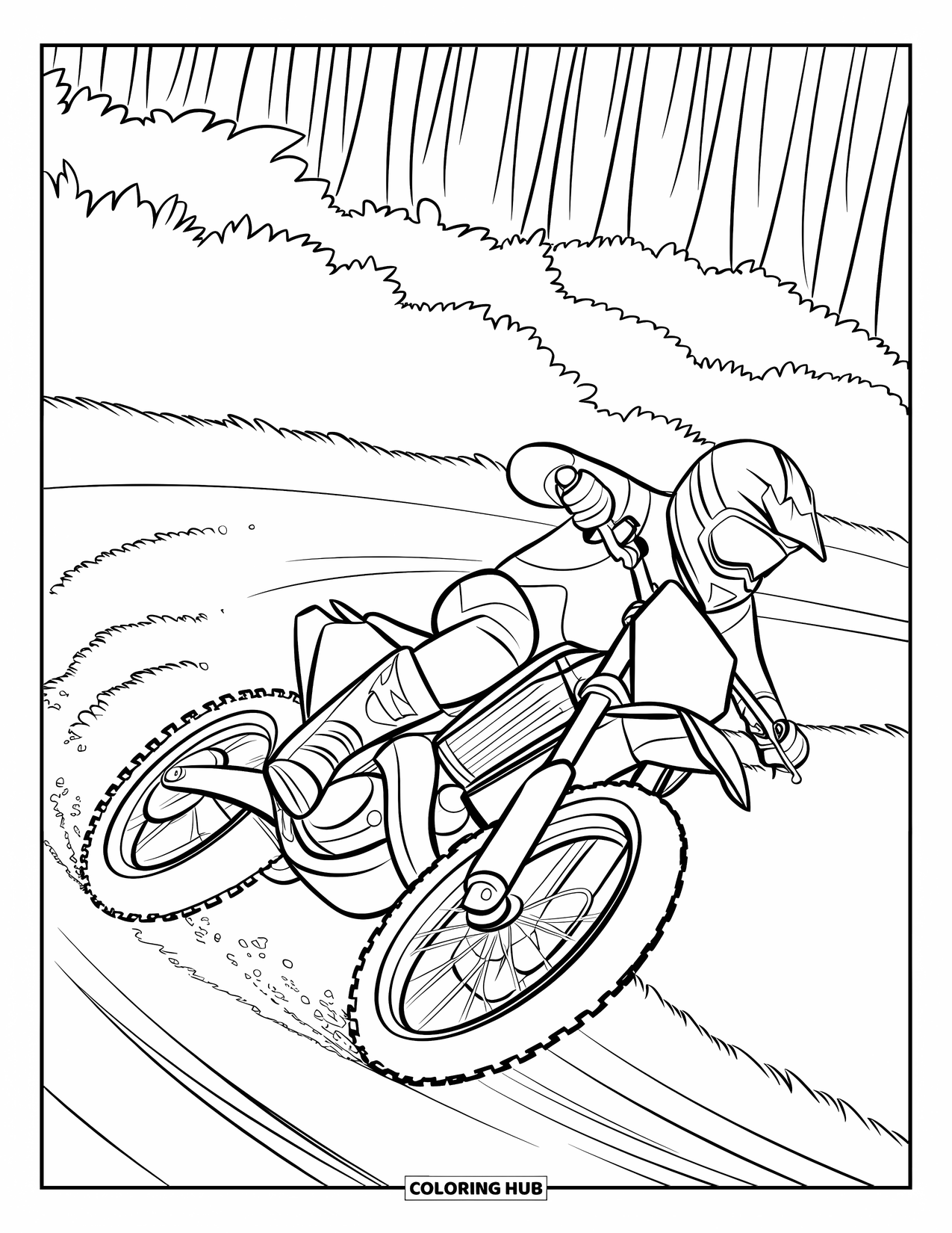 Dirt Bike Coloring Page for Kids: A dirt bike rider leans hard into a curve, kicking up dust through a forest