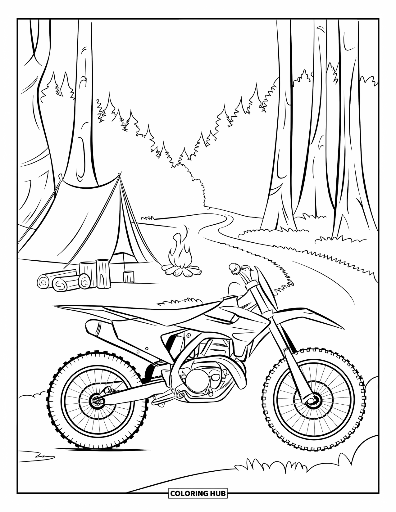 Dirt Bike Coloring Page for Kids: A dirt bike sits near a tent and campfire by a marked forest trail
