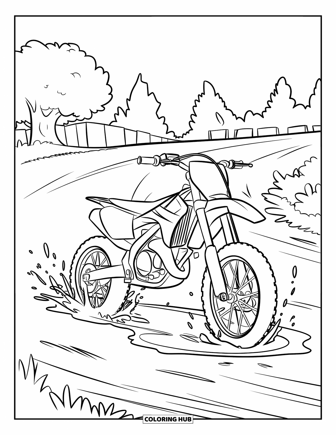 Dirt Bike Coloring Page for Kids: A dirt bike splashes through a muddy puddle on a dirt track with trees nearby
