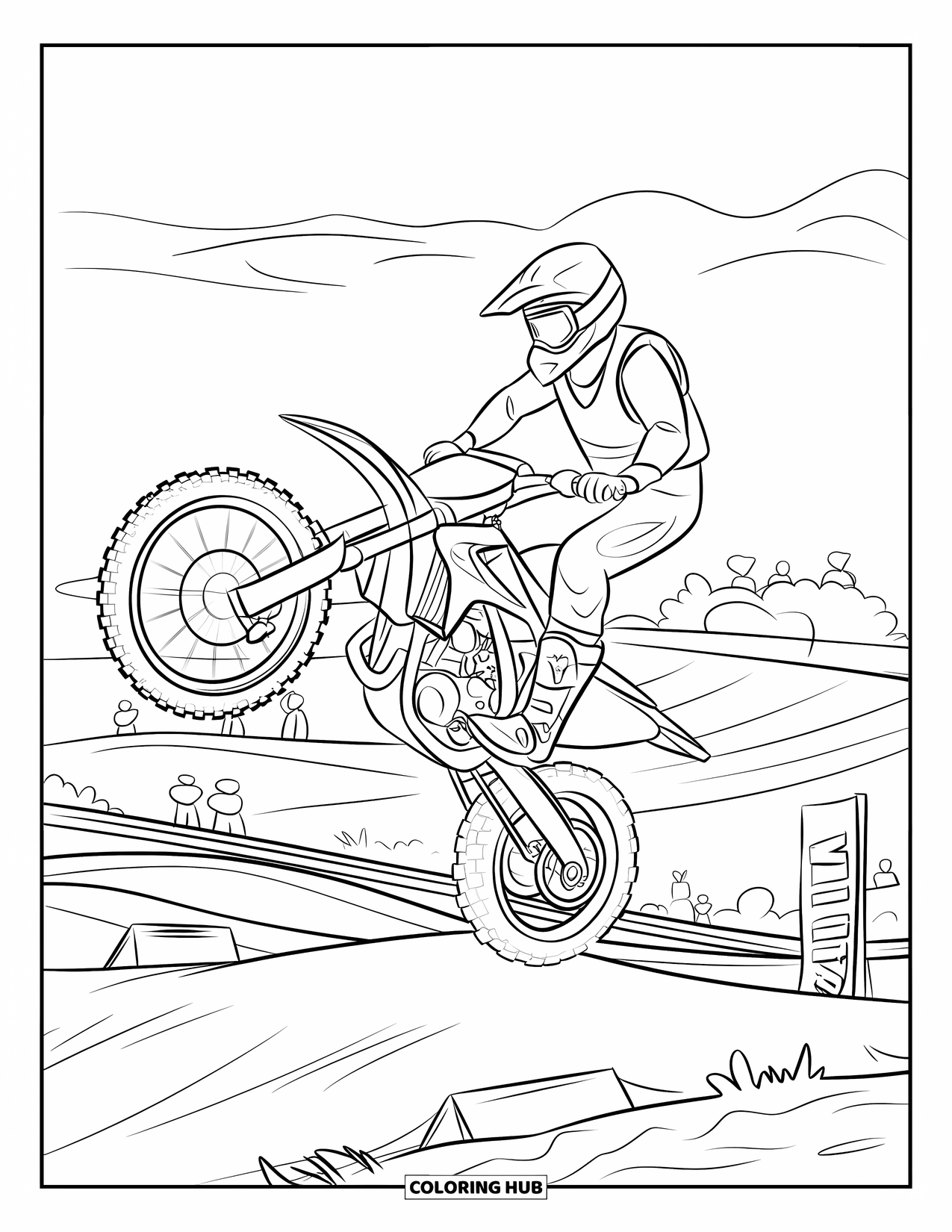 Dirt Bike Coloring Page for Kids: A dirt bike twists mid-jump while the rider balances over a track and cheering crowd