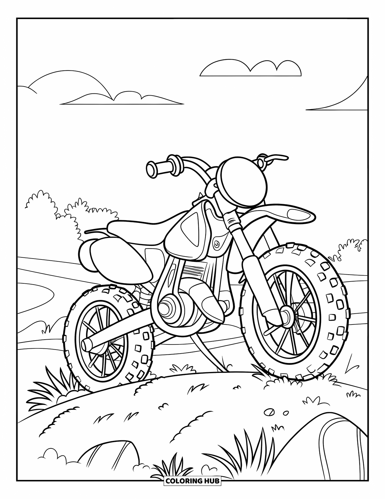 Dirt Bike Coloring Page for Kids: A friendly bike with round wheels sits on a grassy hill beneath a cloudy sky