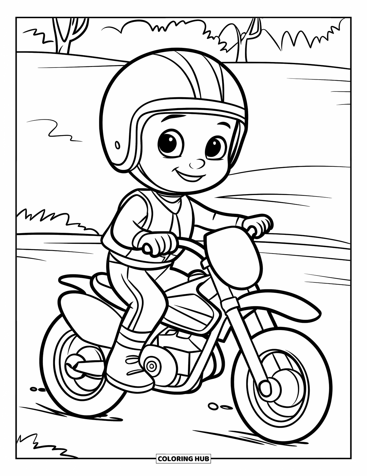 Dirt Bike Coloring Page for Kids: A friendly rider sits happily on a bike in a grassy field with trees nearby