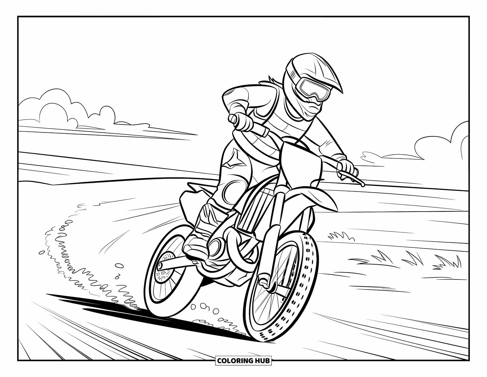 Dirt Bike Coloring Page for Kids: A geared-up rider kicks up dust riding through an open field under a cloudy sky