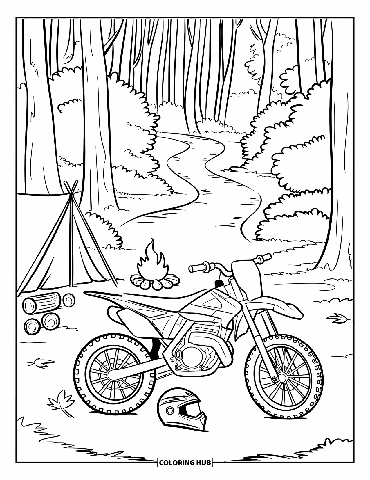 Dirt Bike Coloring Page for Kids: A parked bike and helmet rest near a cozy campsite with a trail into tall trees