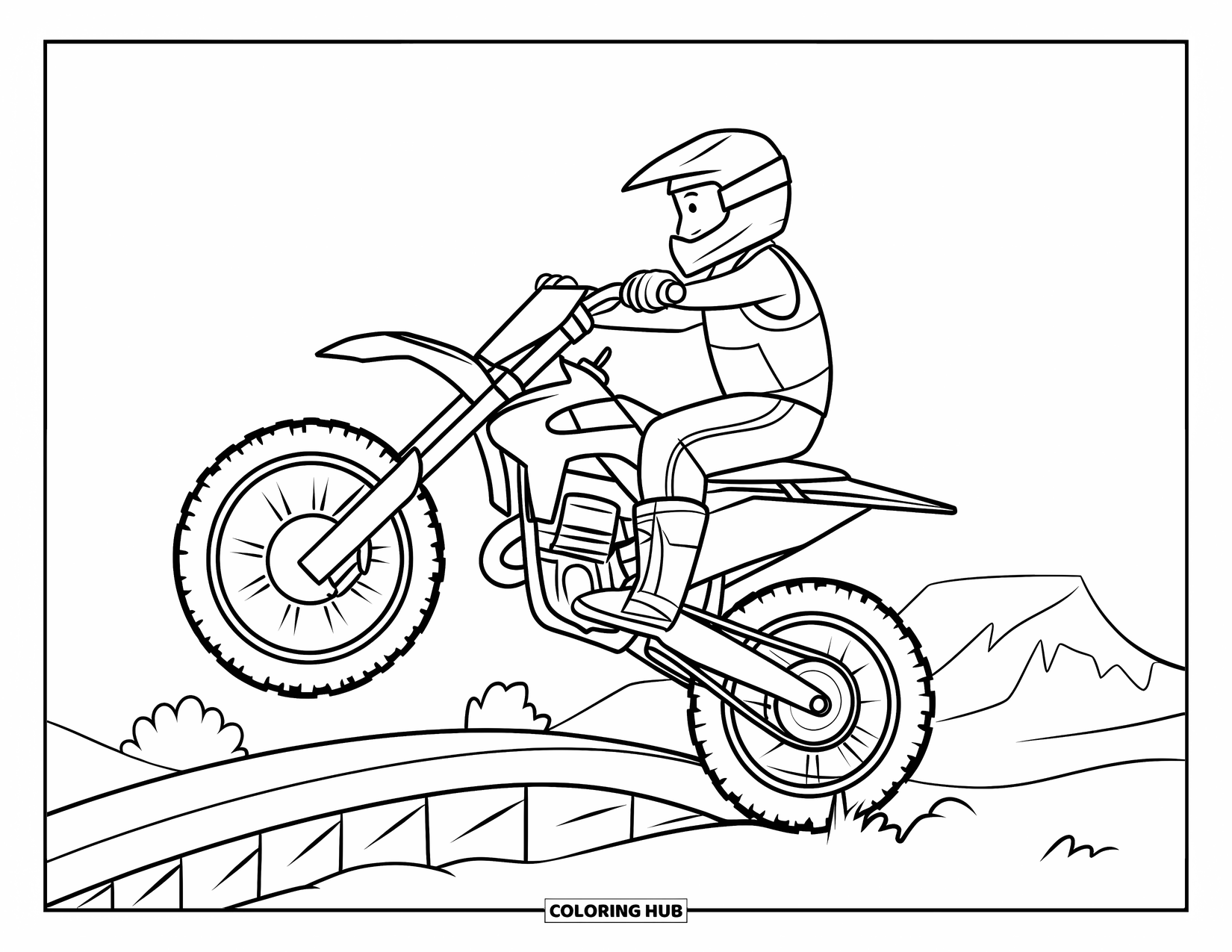 Dirt Bike Coloring Page for Kids: A playful rider jumps a low ramp with a smile and dust in the air