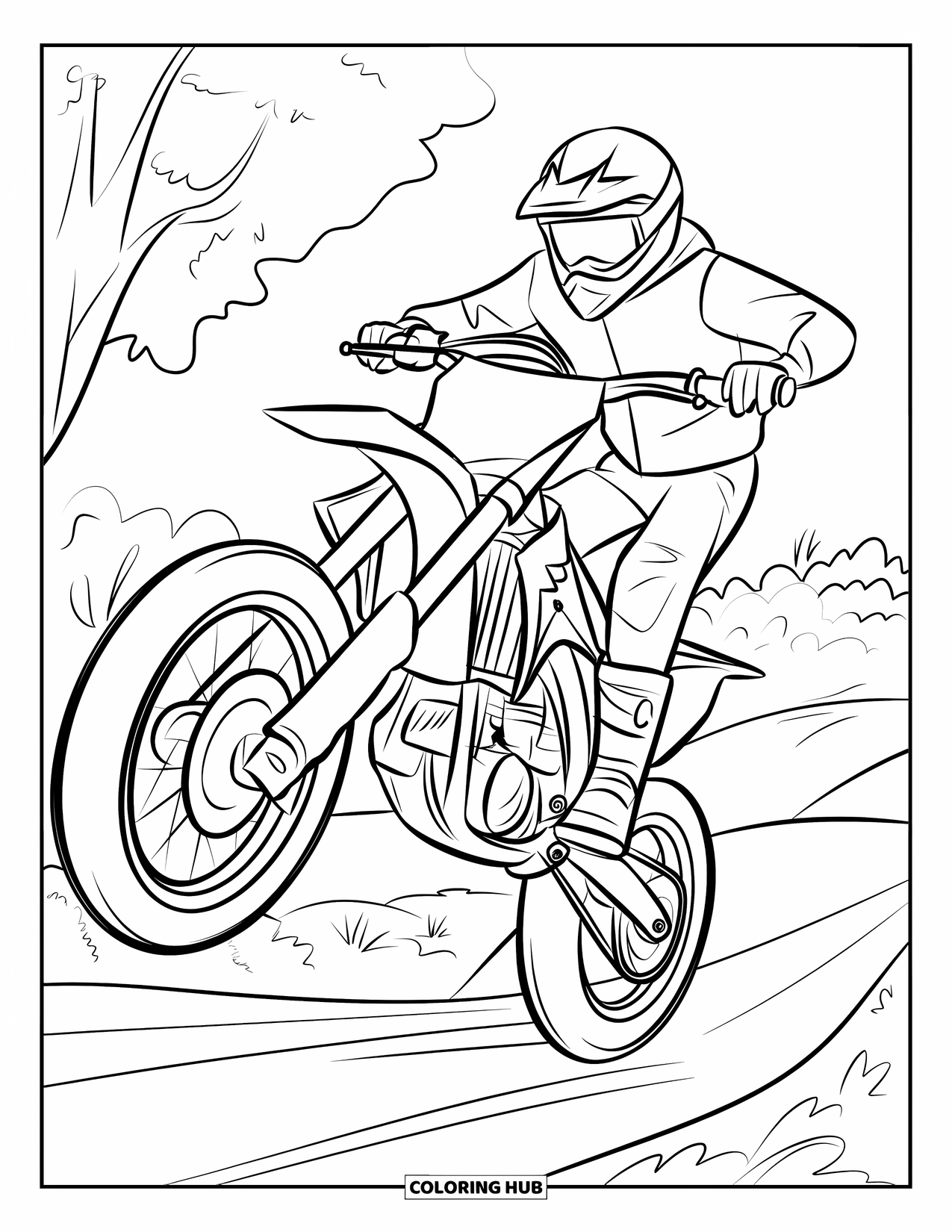 Dirt Bike Coloring Page for Kids: A rider holds the handlebars mid-air while performing a dirt bike stunt above a path