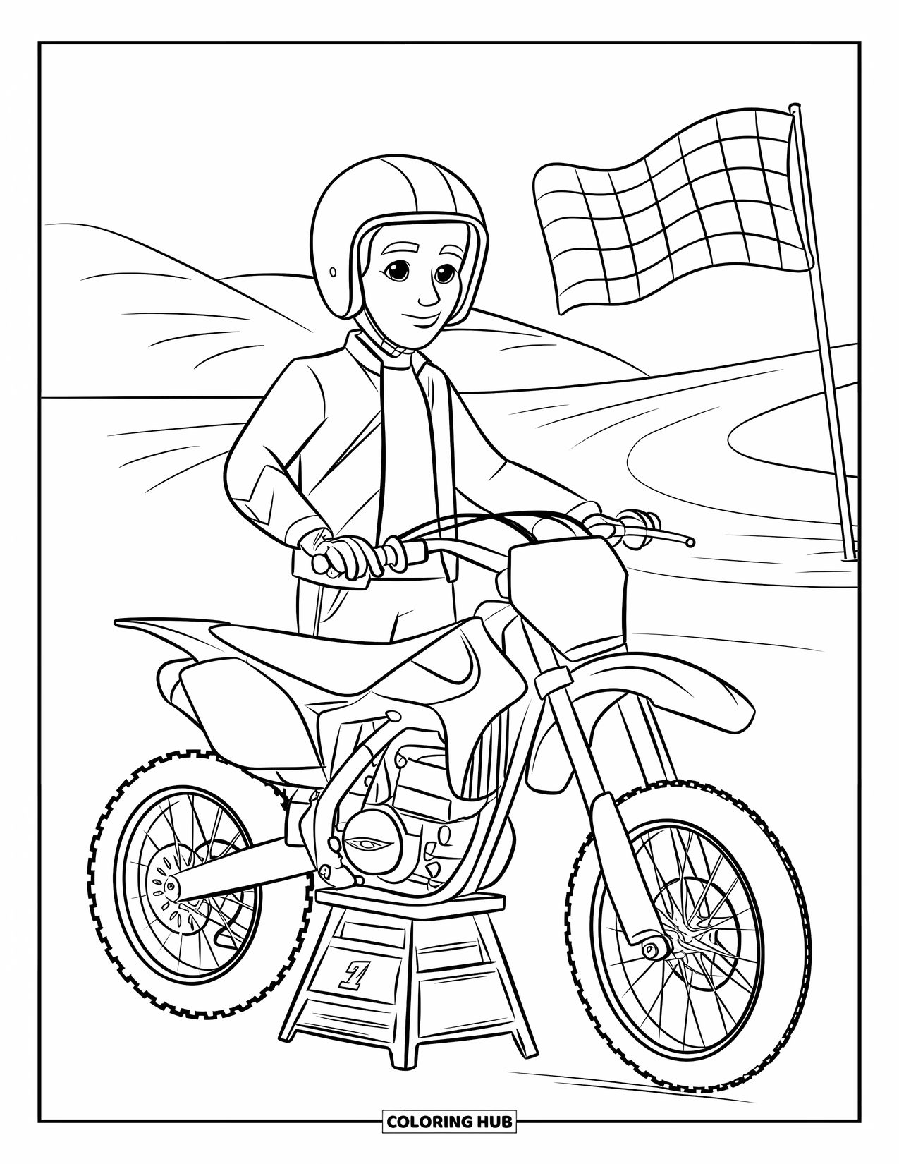 Dirt Bike Coloring Page for Kids: A rider in gear poses by a dirt bike with a track and flag behind