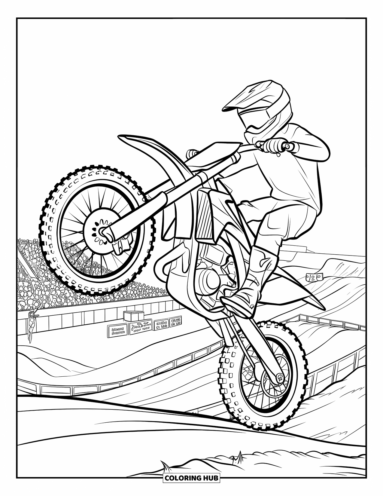 Dirt Bike Coloring Page for Kids: A rider performs a jump with one wheel lifted high in a packed motocross arena