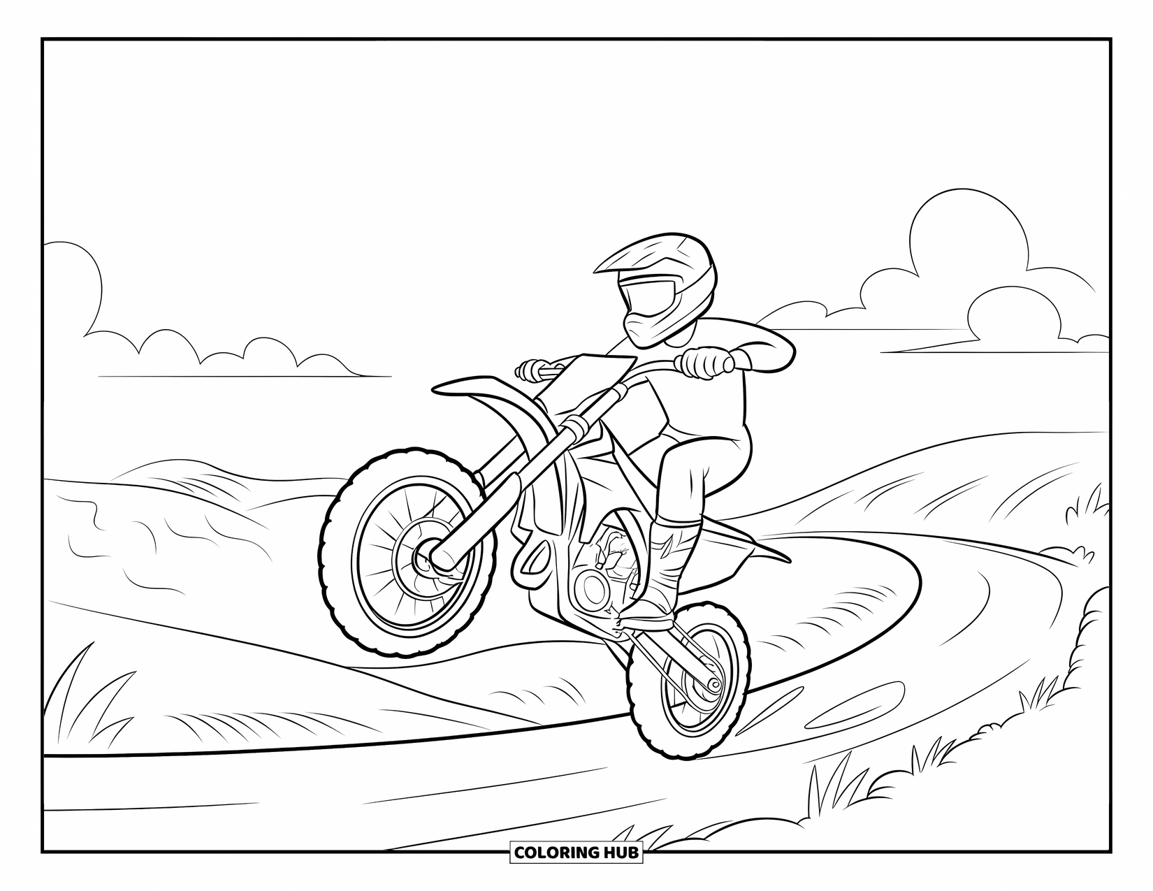 Dirt Bike Coloring Page for Kids: A rider pops a wheelie on rolling hills under a bright sky with fluffy clouds