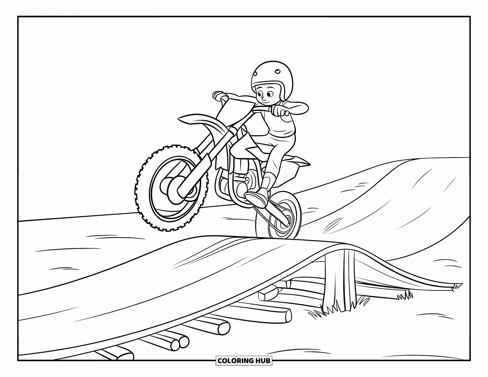 Dirt Bike Coloring Page for Kids: A small bike with big tires hops a wooden ramp over flat, open ground