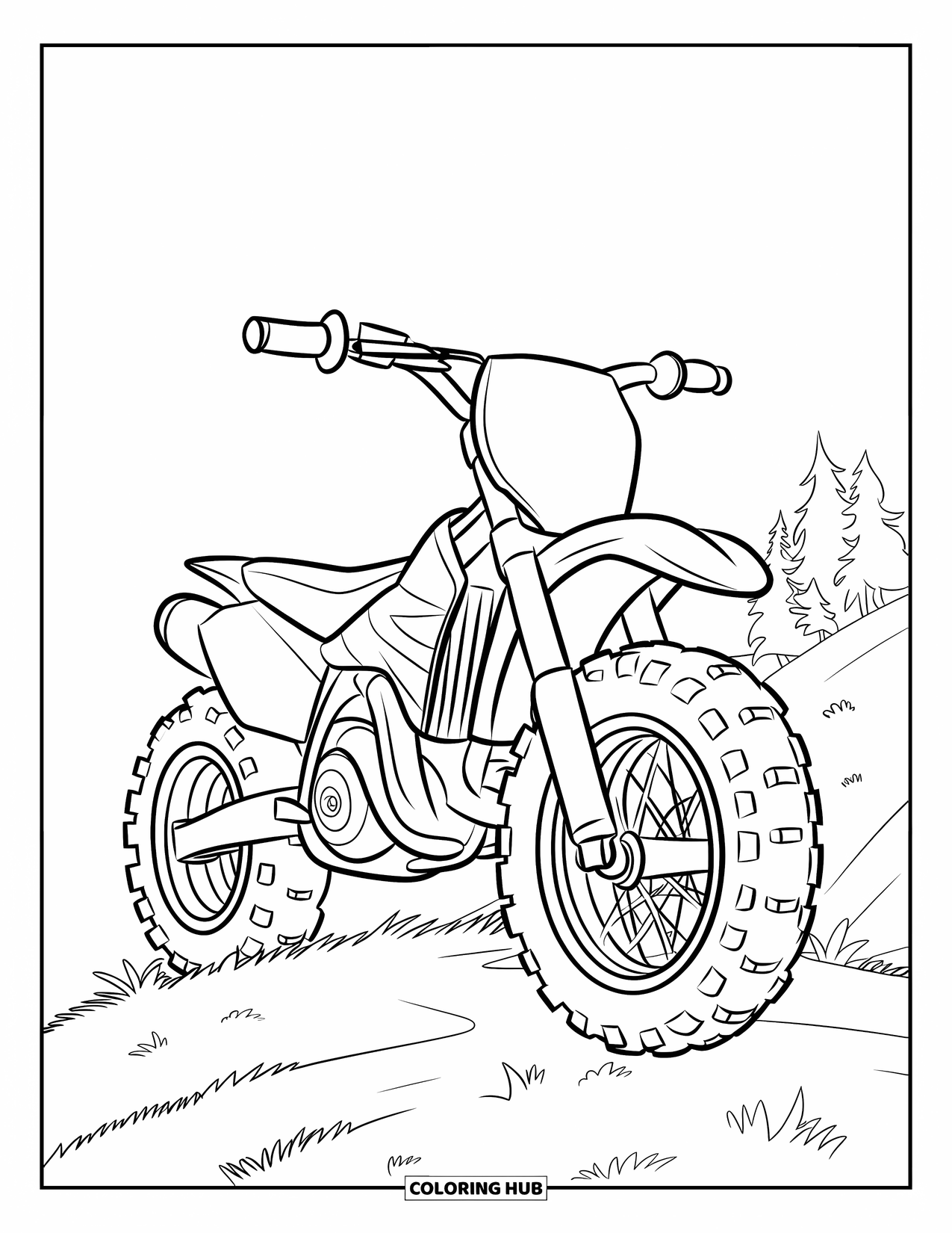 Dirt Bike Coloring Page for Kids: A smiling dirt bike with a helmet rests on a hill with a few trees