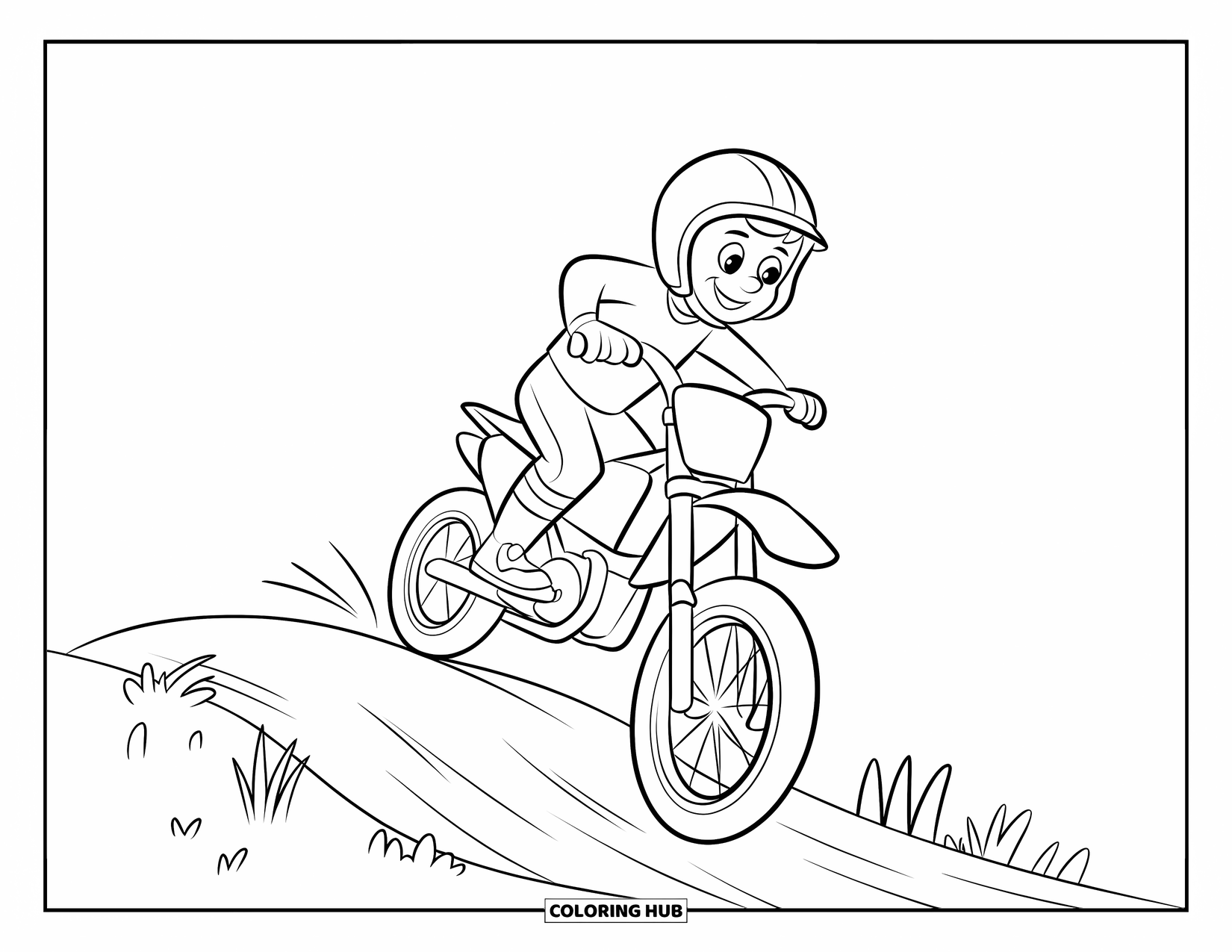 Dirt Bike Coloring Page for Kids: A smiling rider climbs a little hill with plants growing on the side
