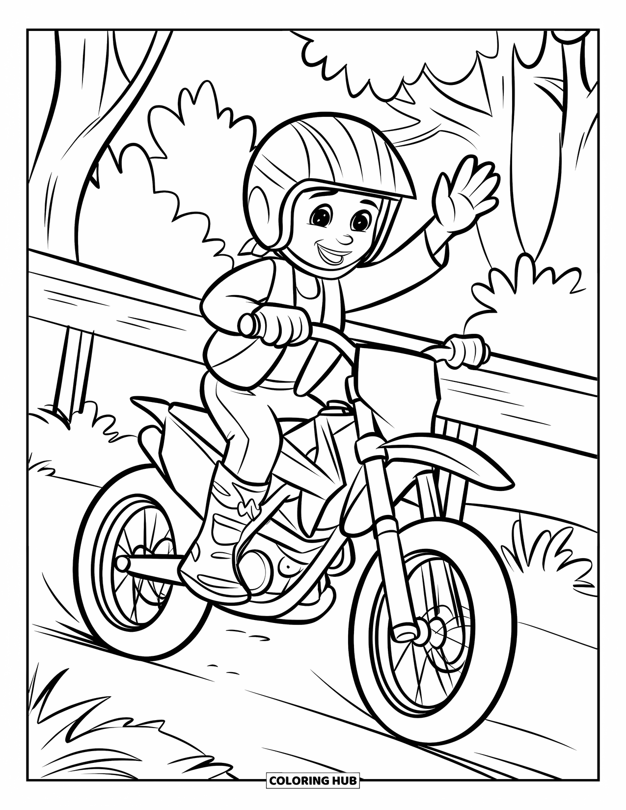 Dirt Bike Coloring Page for Kids: A smiling rider waves while riding past trees and a wooden trail barrier