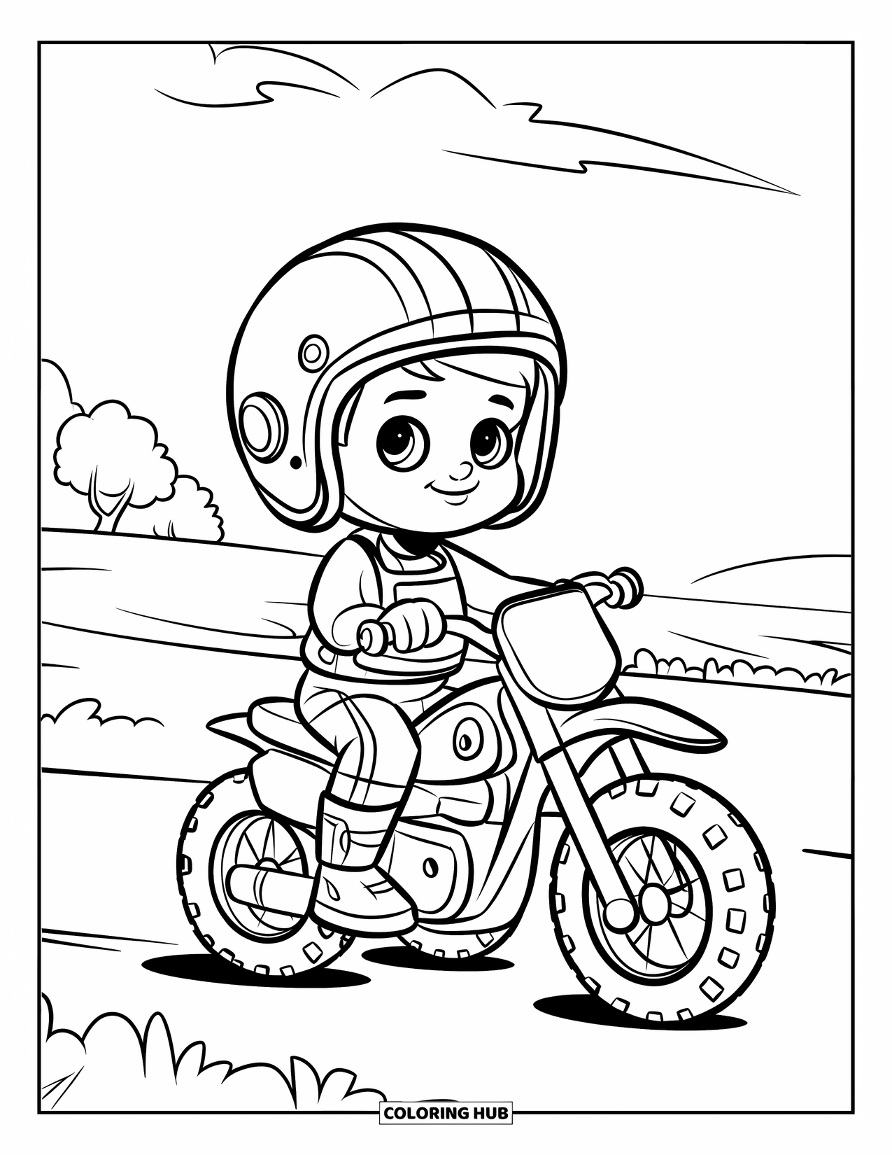 Dirt Bike Coloring Page for Kids: A young rider rests on a bike beneath a cloudy sky with trees in the distance
