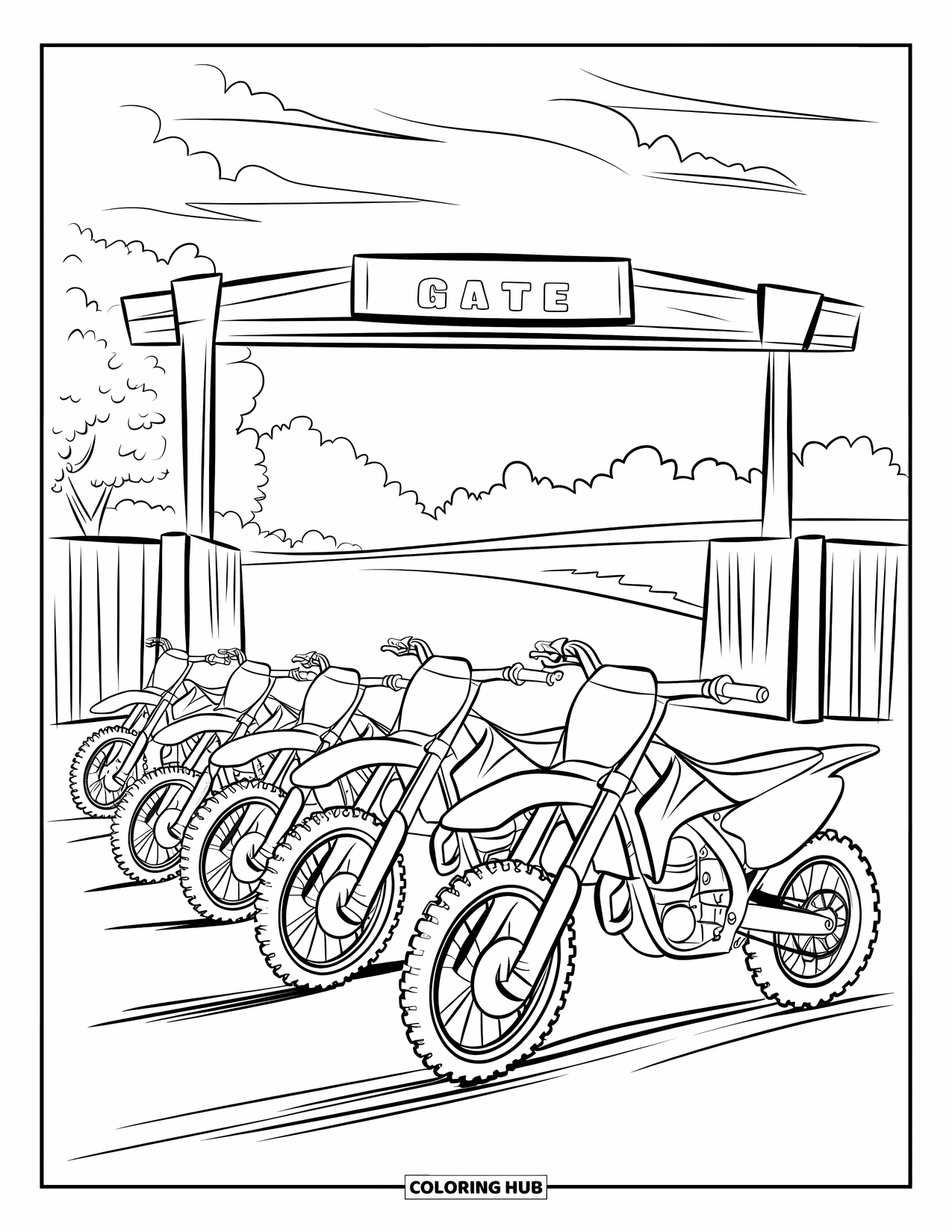 Dirt Bike Coloring Page for Kids: Dirt bikes form a semi-circle at the start line under trees and a cloudy sky