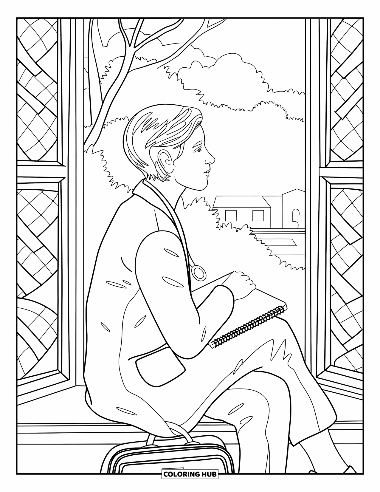 Doctor Coloring Page for Adults: A calm doctor looks outside, resting with a notebook and bag beside the window