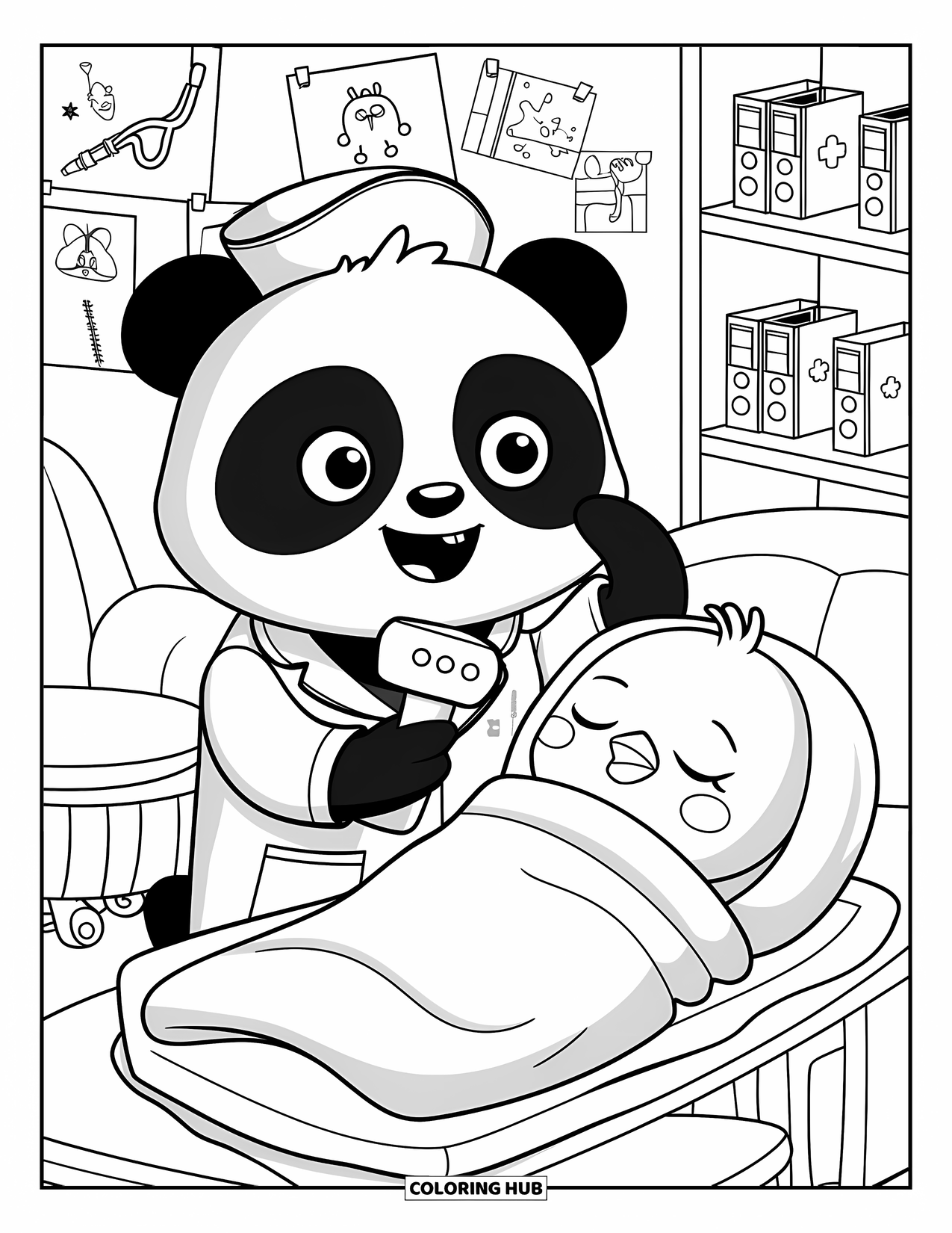 Doctor Coloring Page for Adults: A cheerful panda scans a sleepy chick wrapped in a blanket beside soft chairs and shelves