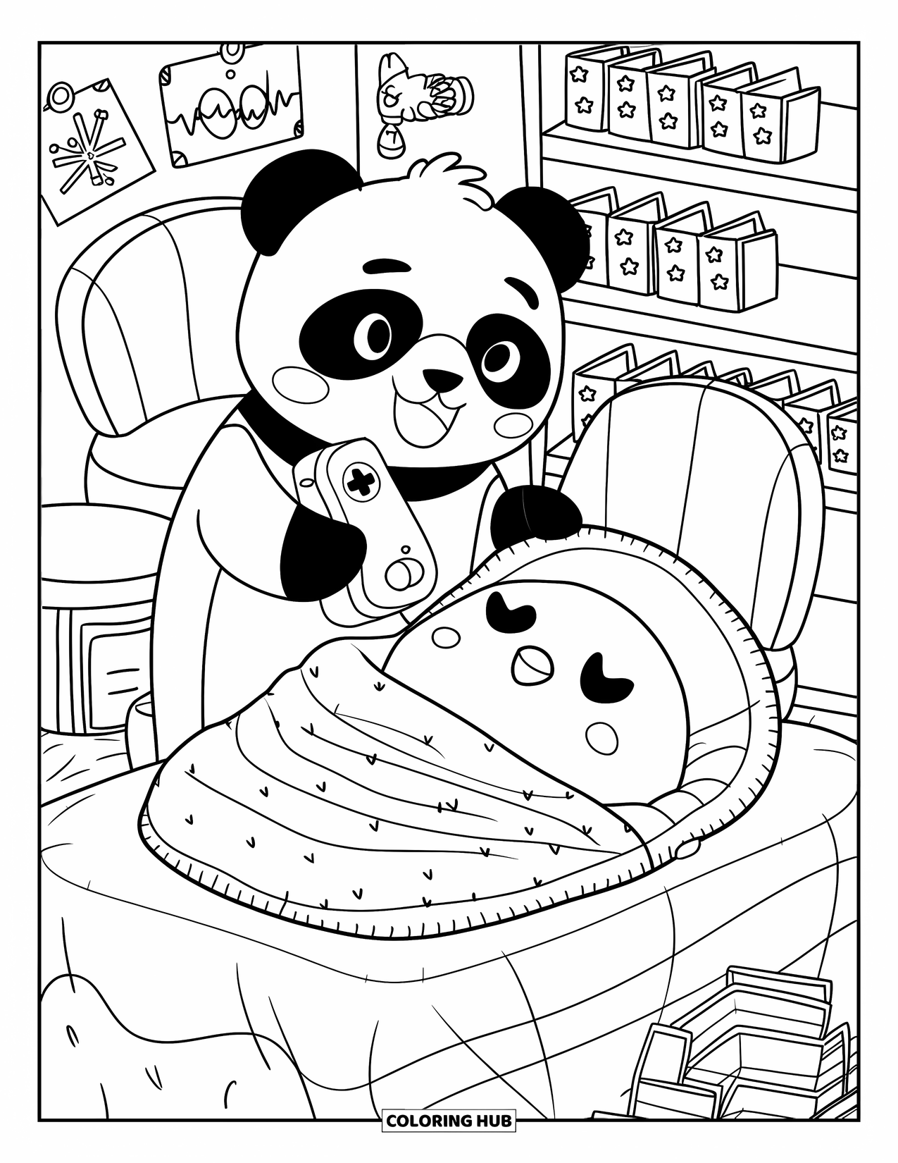 Doctor Coloring Page for Adults: A cheerful panda scans a sleepy chick wrapped in a blanket near files and soft chairs