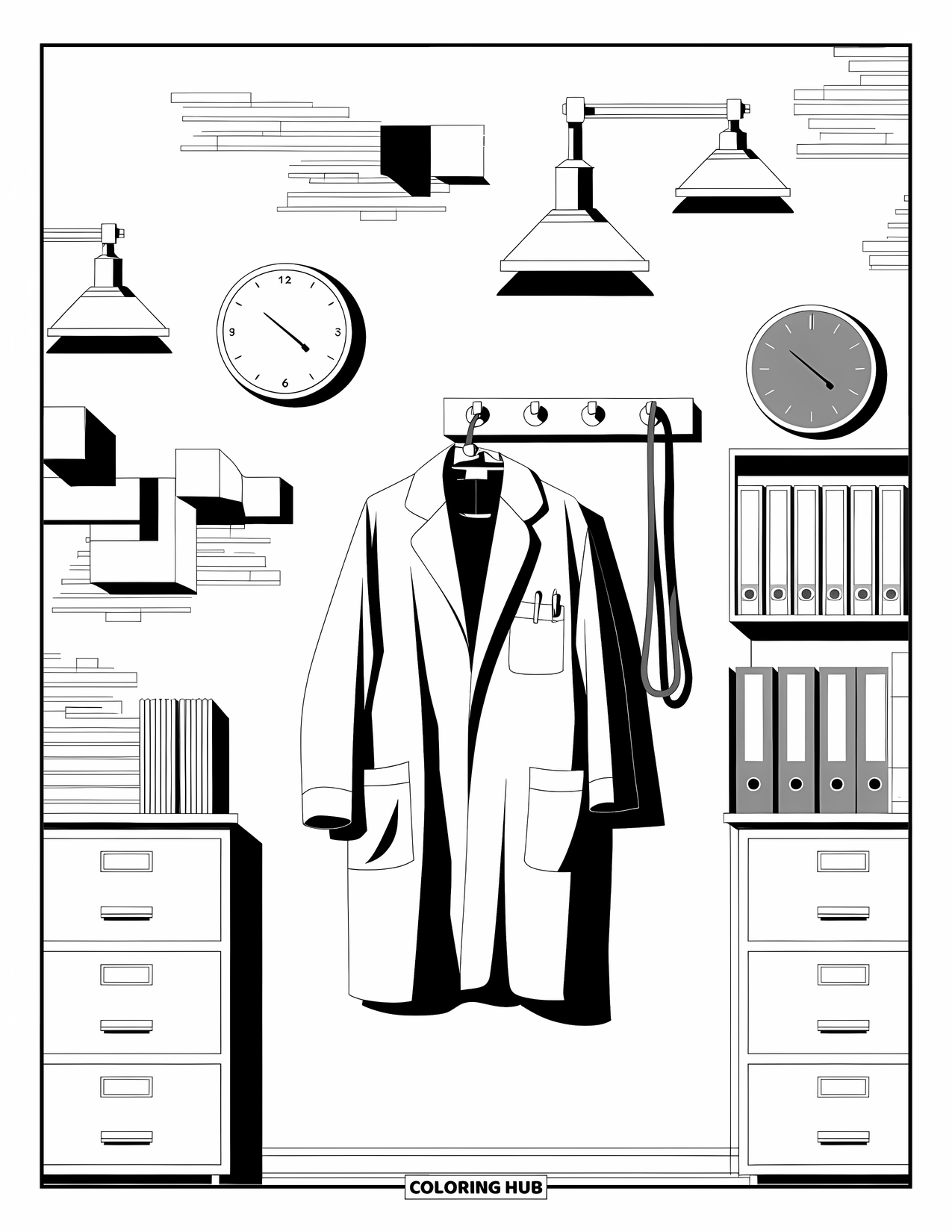 Doctor Coloring Page for Adults: A coat and stethoscope hang neatly on a wall with lamps and storage drawers