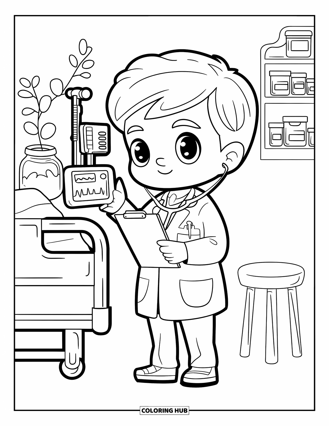Doctor Coloring Page for Adults: A doctor checks vitals with a clipboard near a bed, ivy jar, and medicine shelf