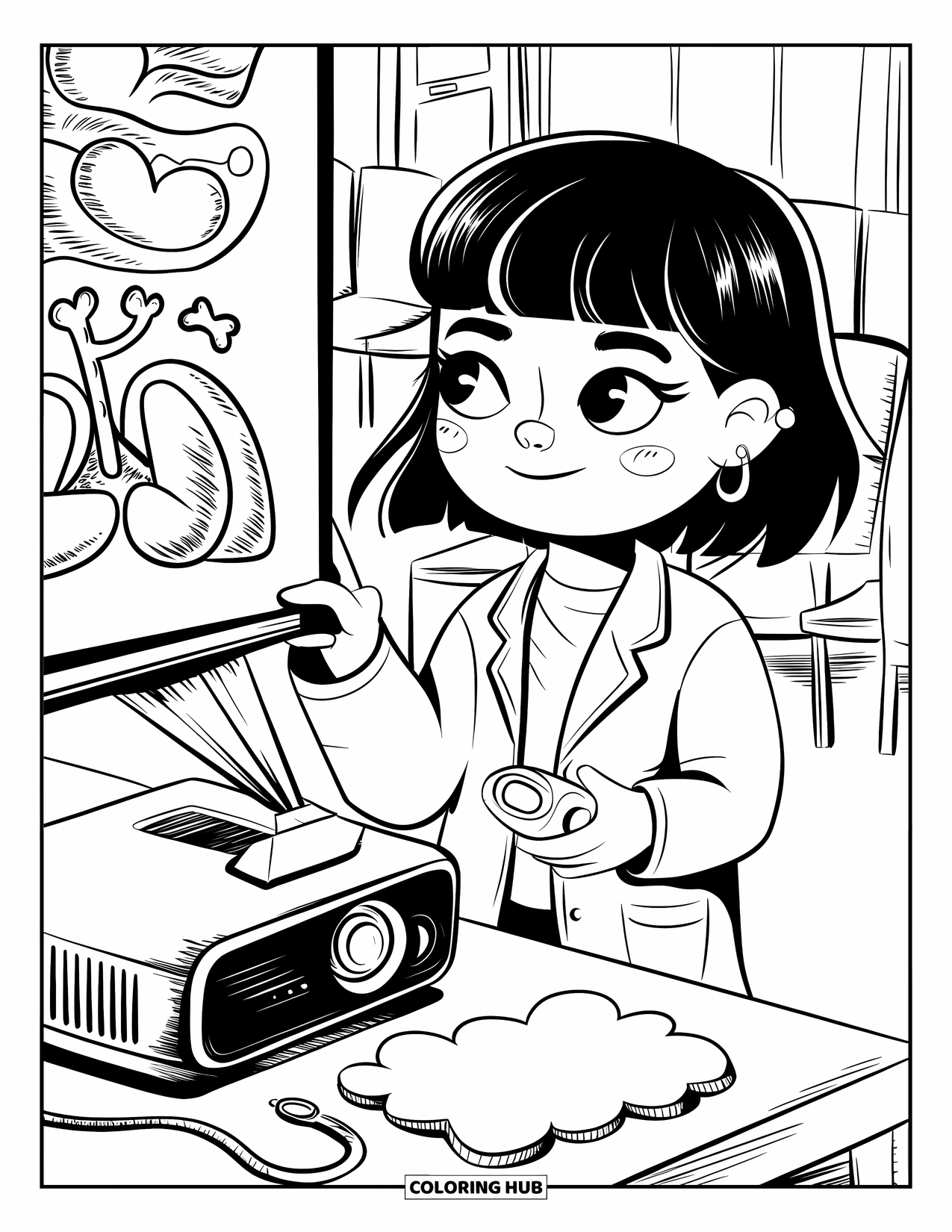 Doctor Coloring Page for Adults: A doctor prepares slides with cloud notes for a talk, next to a doodled body chart