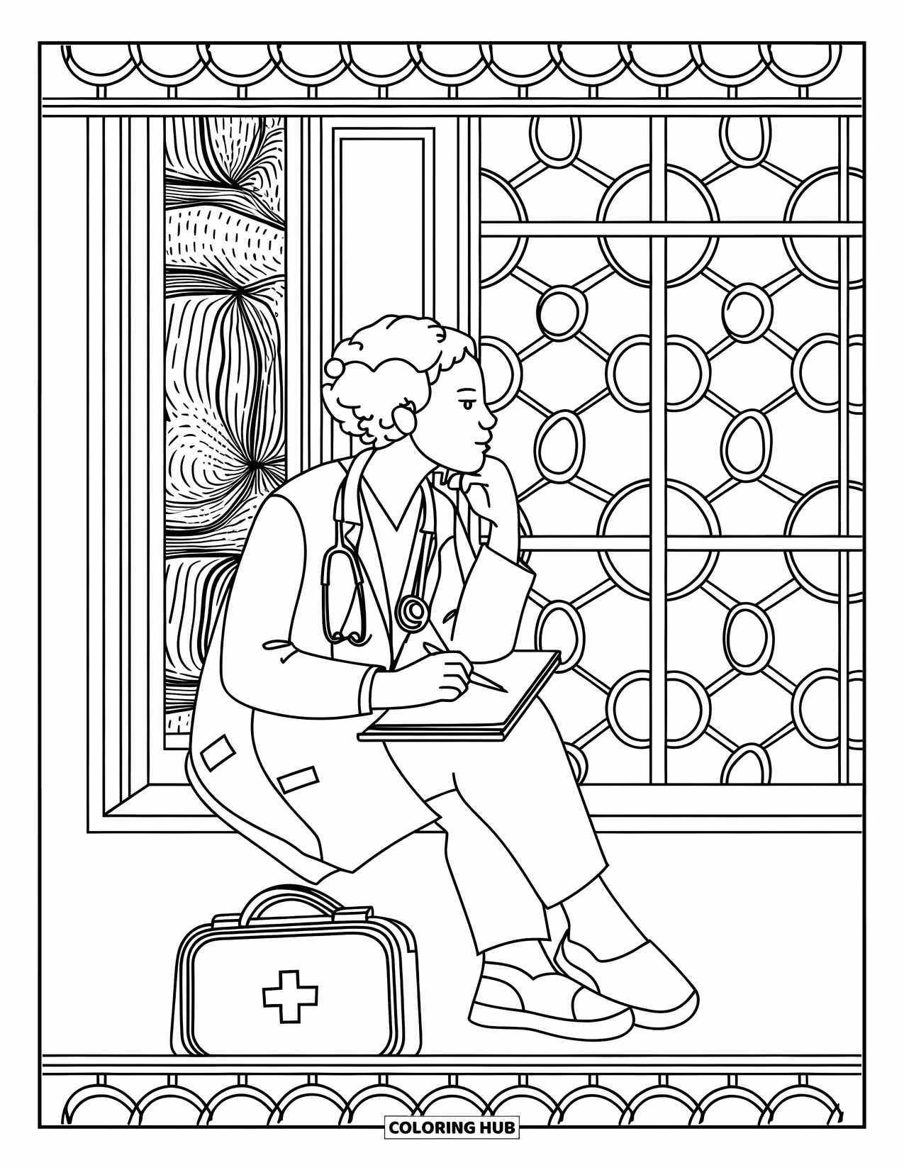 Doctor Coloring Page for Adults: A doctor sits on a window ledge, notebook in lap, lost in quiet thought