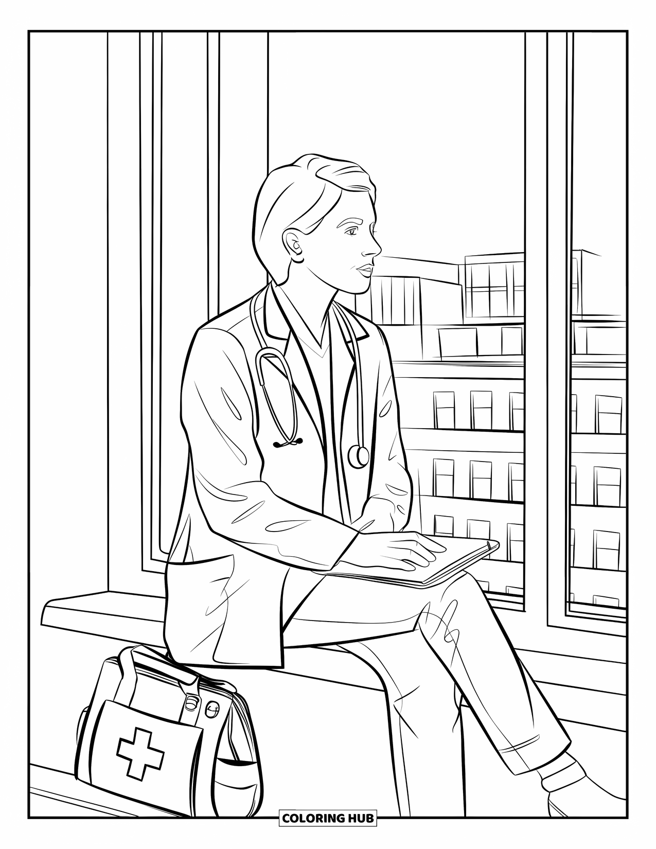 Doctor Coloring Page for Adults: A doctor sits on a window ledge with a notebook, looking out over the city