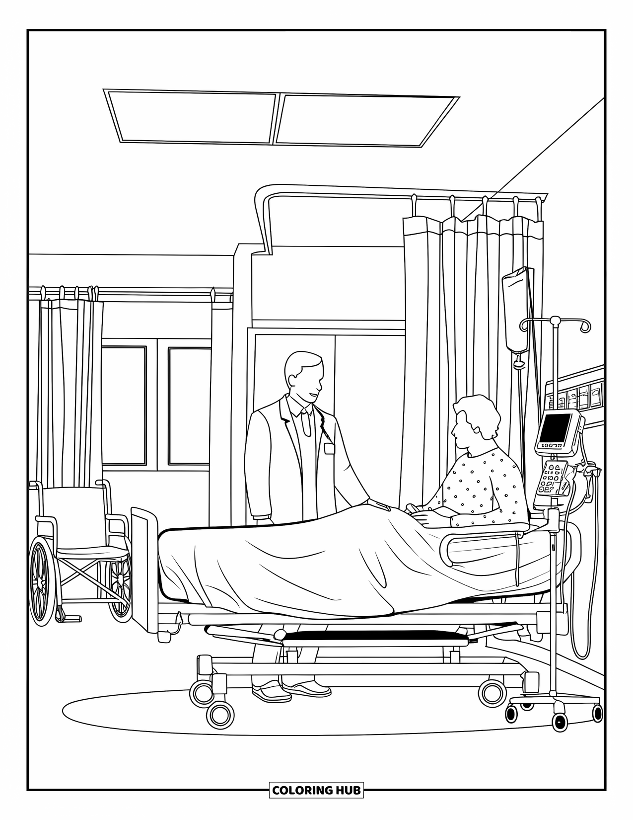 Doctor Coloring Page for Adults: A doctor stands by a patient's bed in a room with medical gear and soft curtains