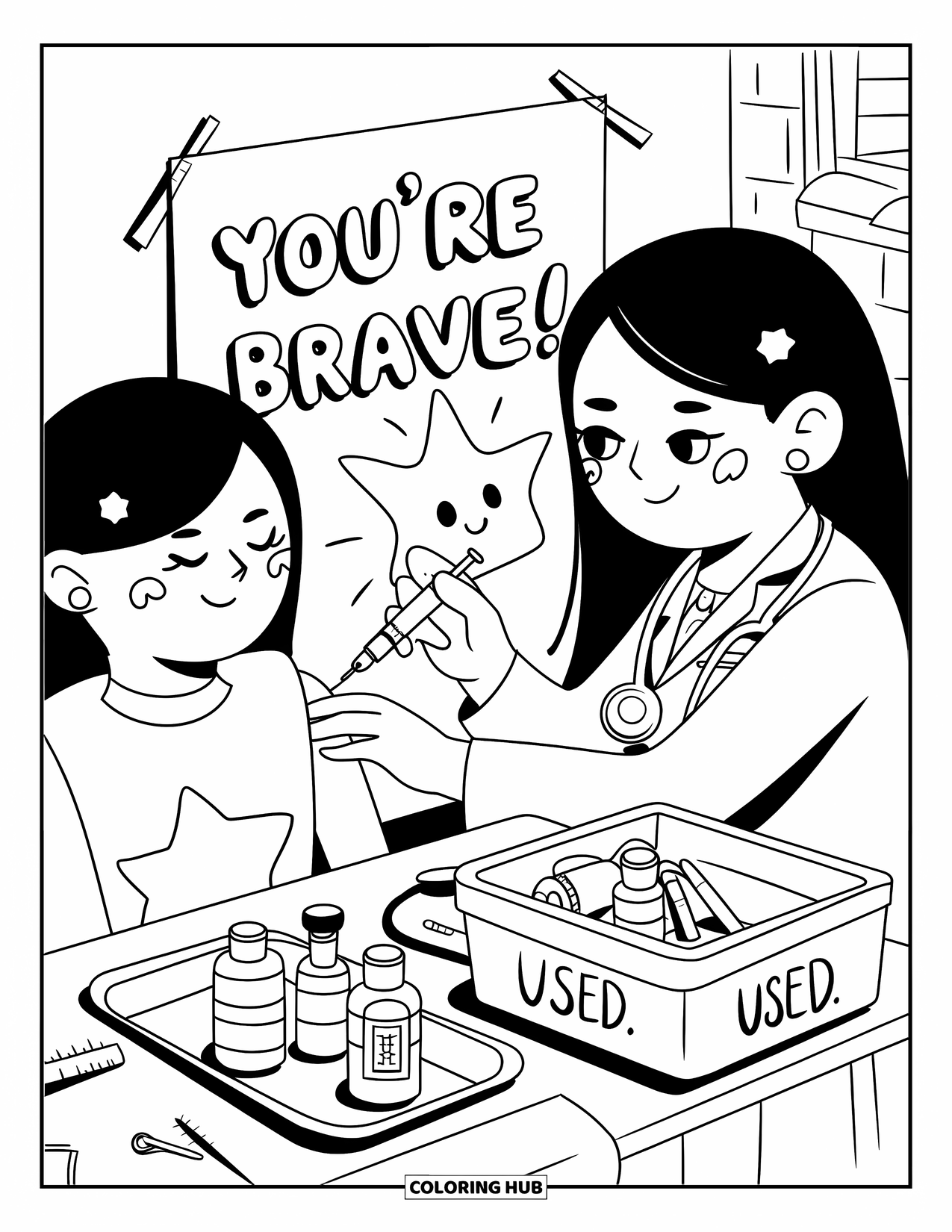 Doctor Coloring Page for Adults: A doctor vaccinates a patient near a tray of supplies and a cheerful star poster