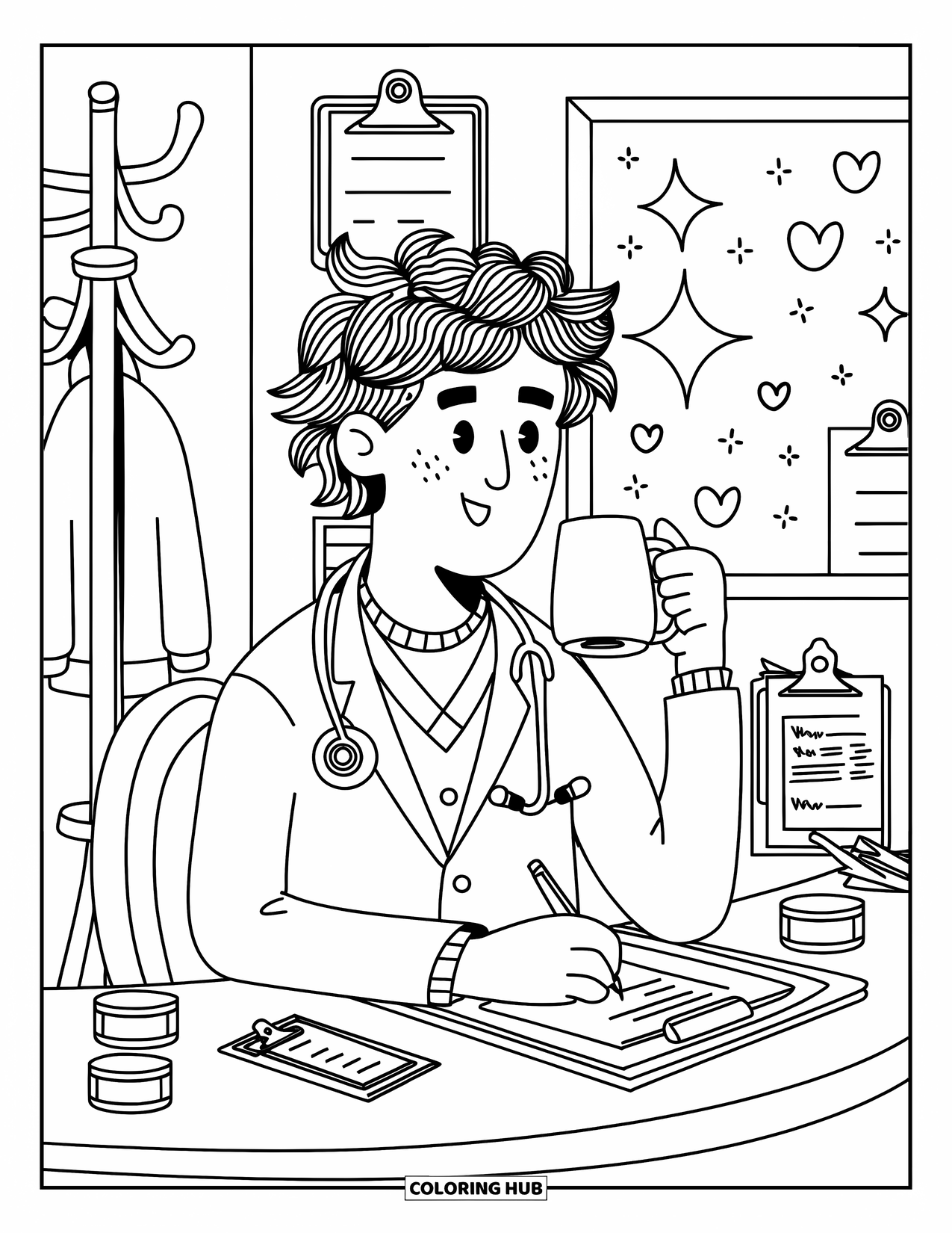 Doctor Coloring Page for Adults: A doctor with messy hair writes at his desk with cute jars and a heart board