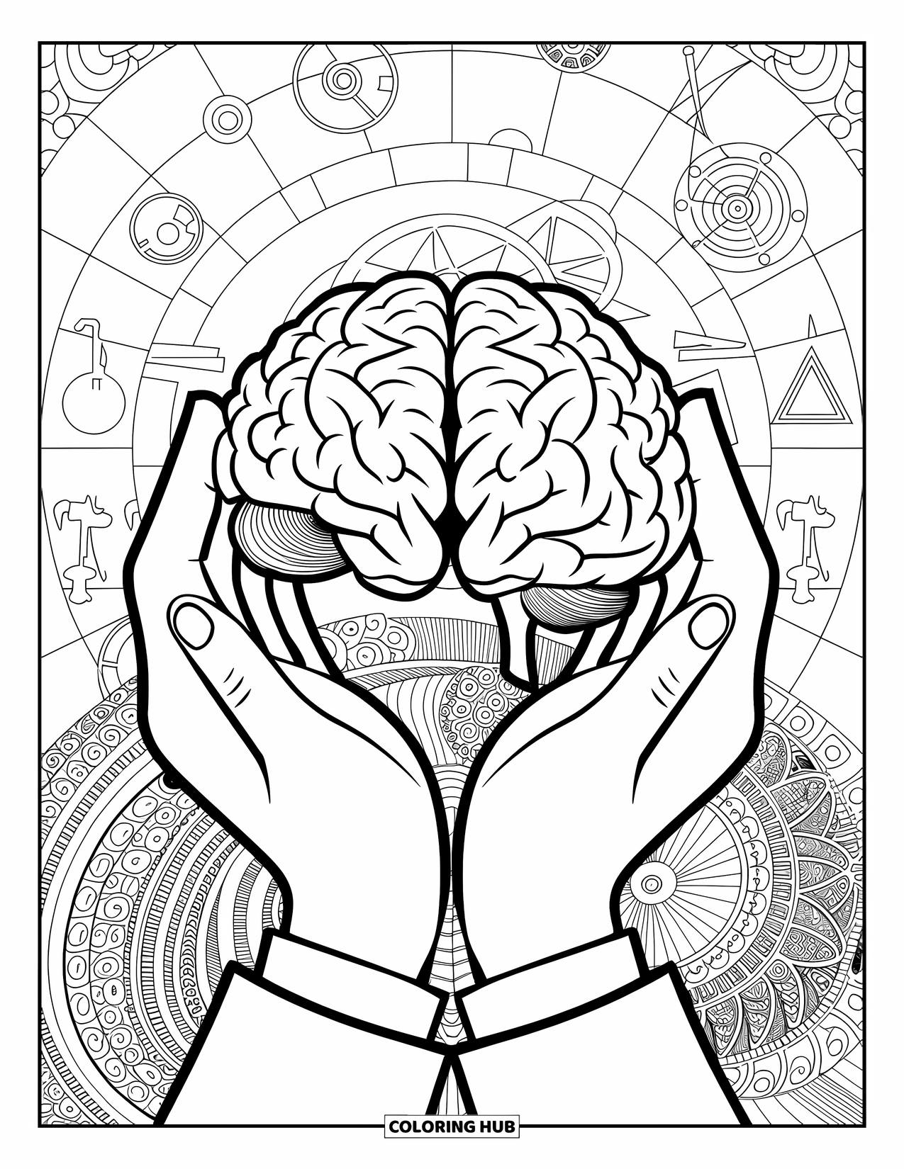 Doctor Coloring Page for Adults: A doctor's gloved hands hold a brain model over swirling symbols and patterns