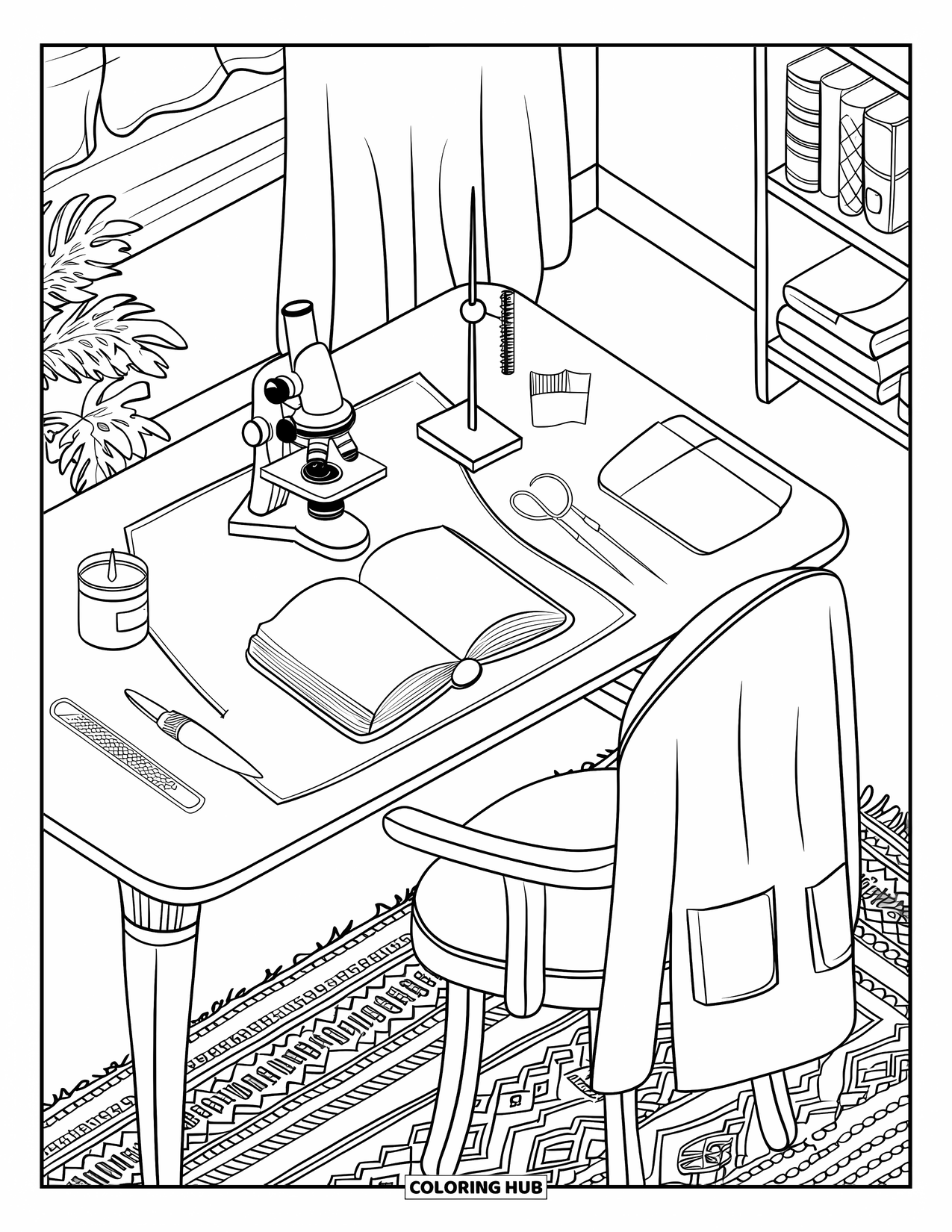 Doctor Coloring Page for Adults: A doctor's workspace with books, a candle, and tools near a window with curtains