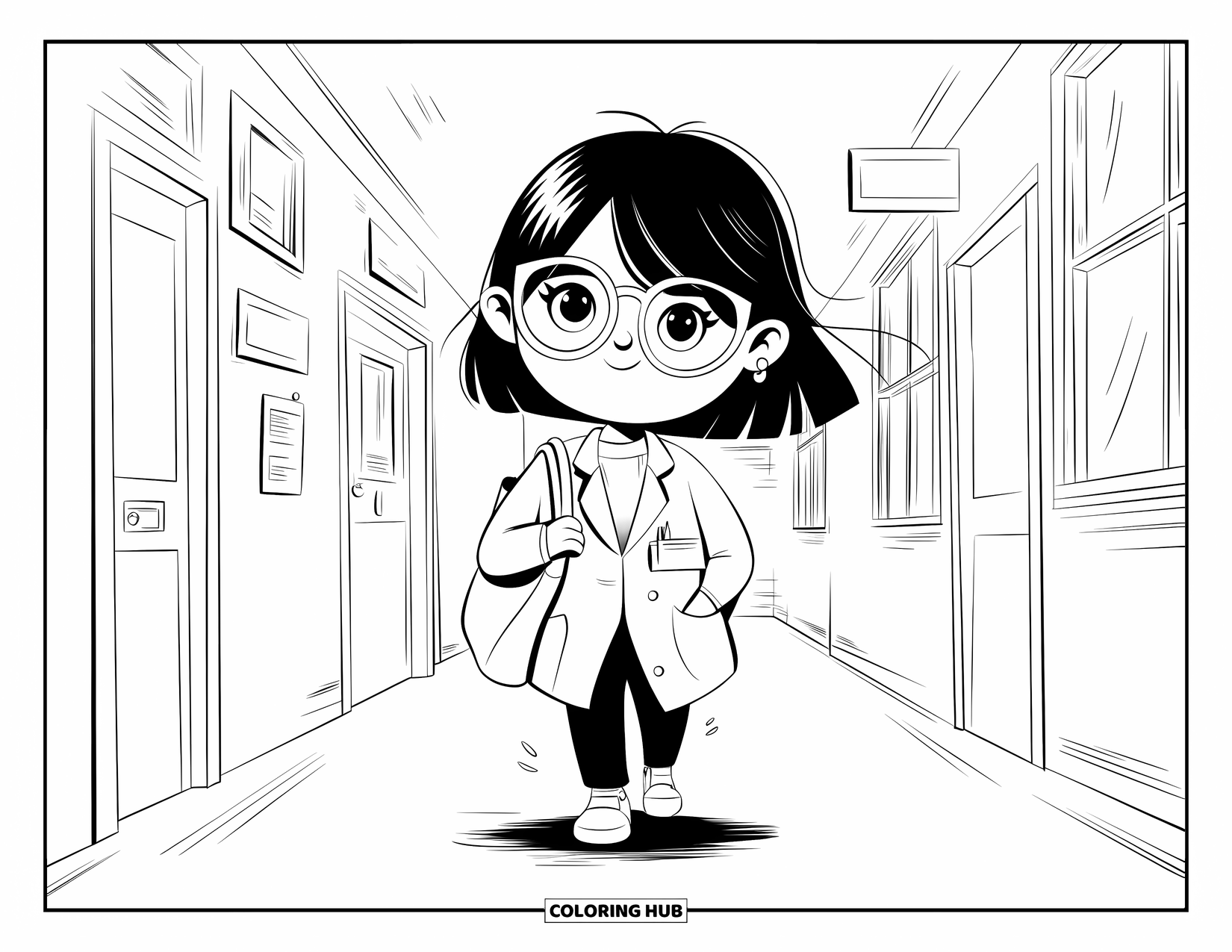 Doctor Coloring Page for Adults: A gentle breeze flutters a doctorís coat as she walks calmly through a labeled hallway