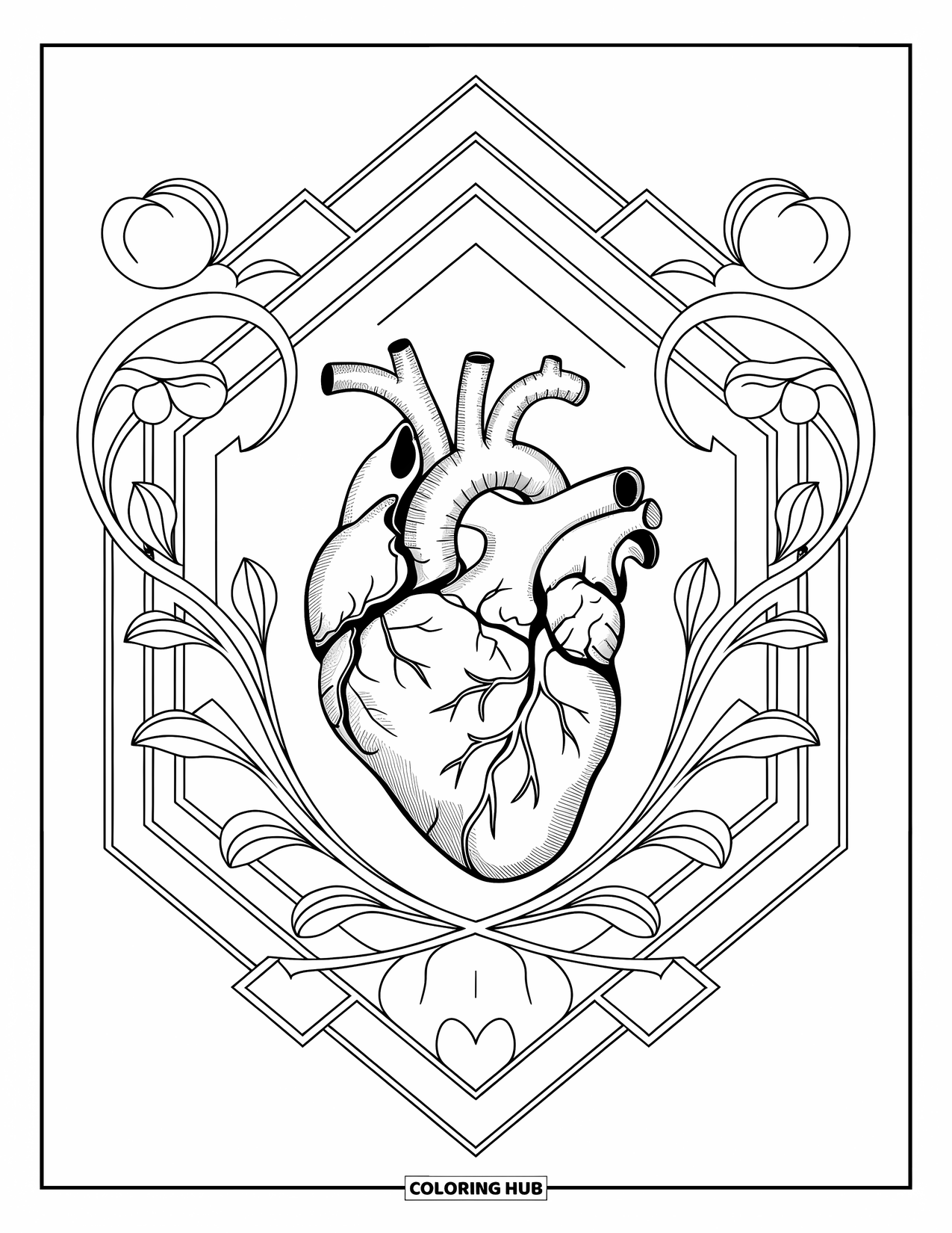 Doctor Coloring Page for Adults: A heart with veins and flowers sits in the center of swirling vines and patterns