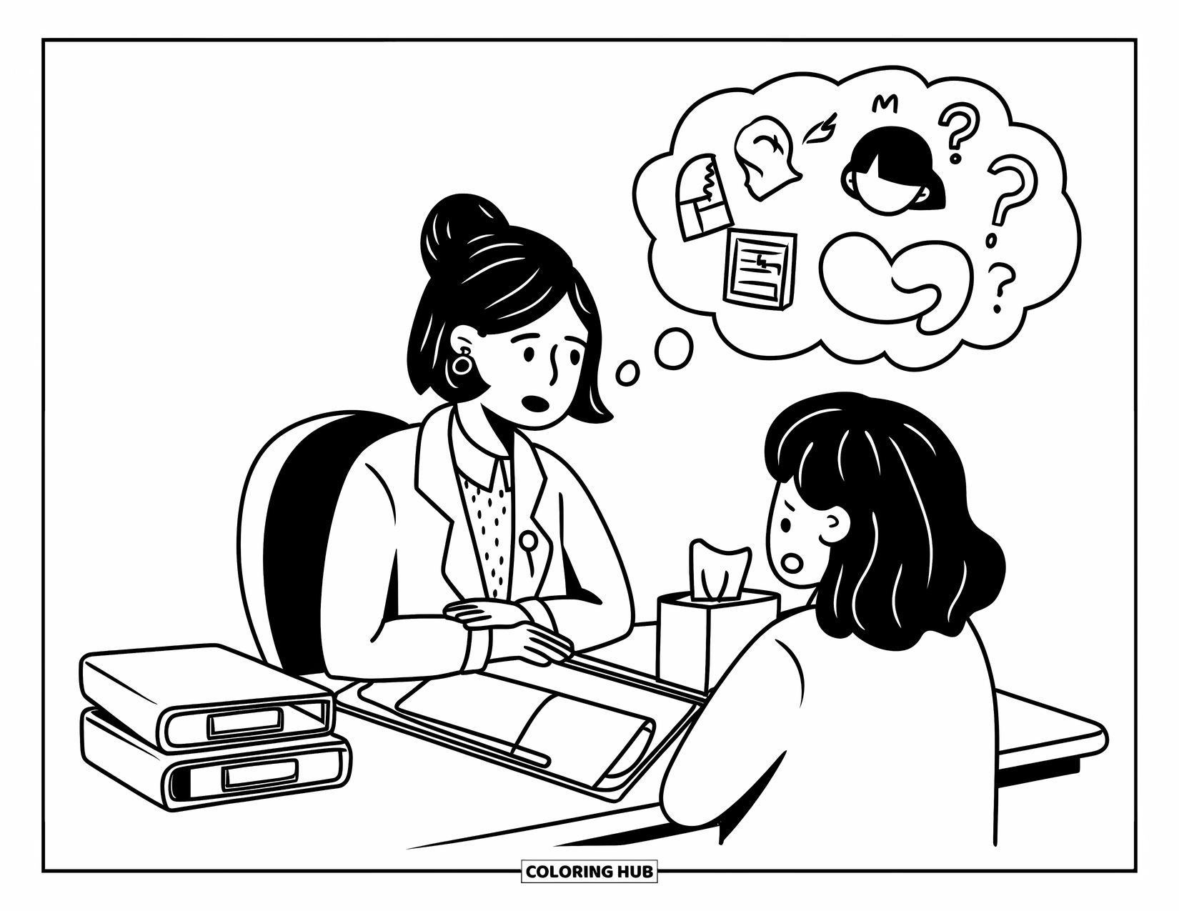 Doctor Coloring Page for Adults: A kind doctor listens to a patient with thoughtful icons showing heads and stomachs above