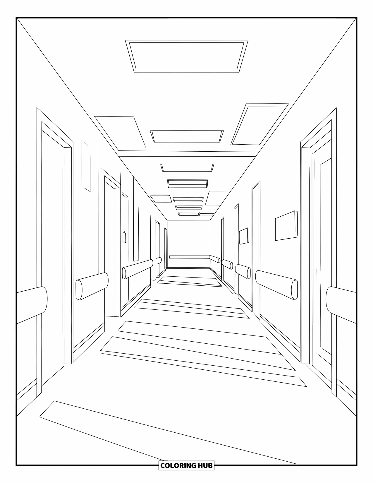 Doctor Coloring Page for Adults: A quiet hospital hallway stretches ahead with doors, signs, and shadowed floor tiles