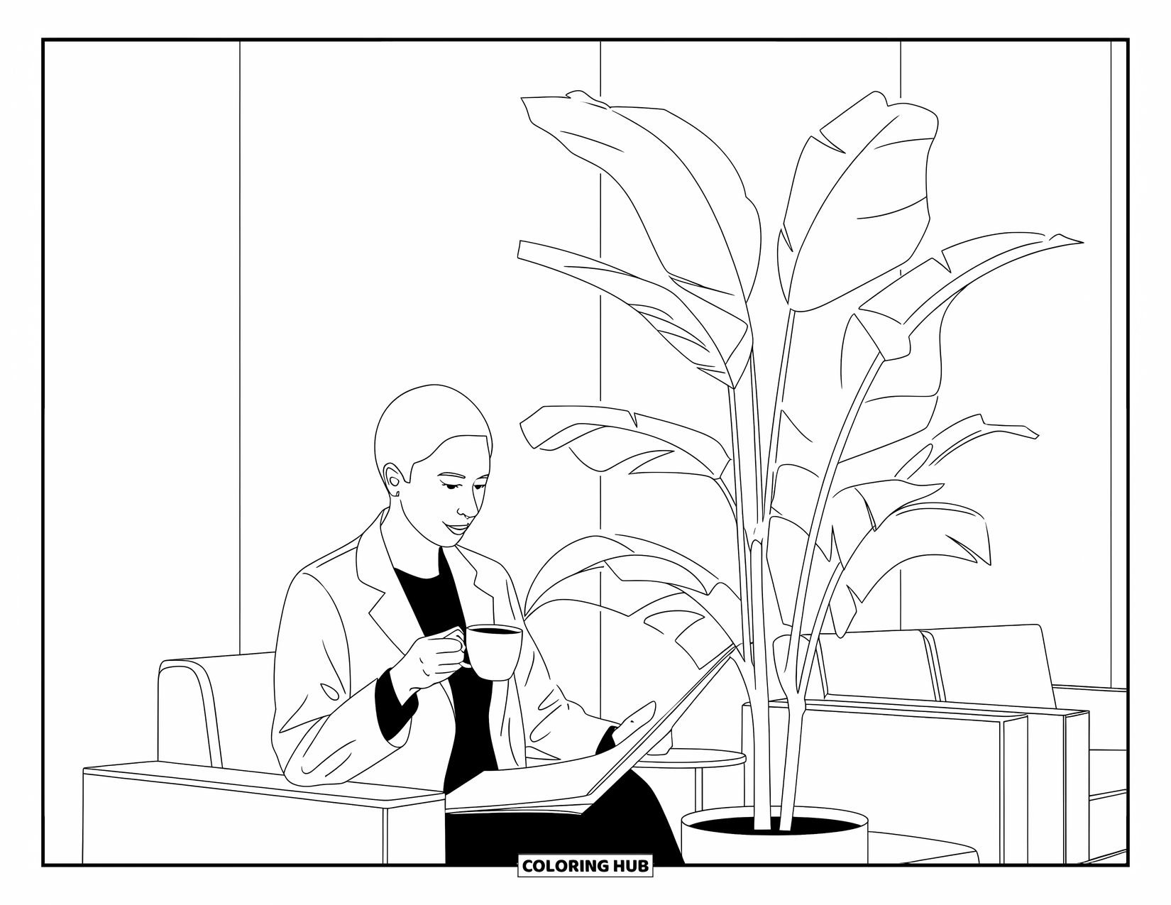 Doctor Coloring Page for Adults: A relaxed doctor sips tea next to a leafy plant in a peaceful clinic lounge