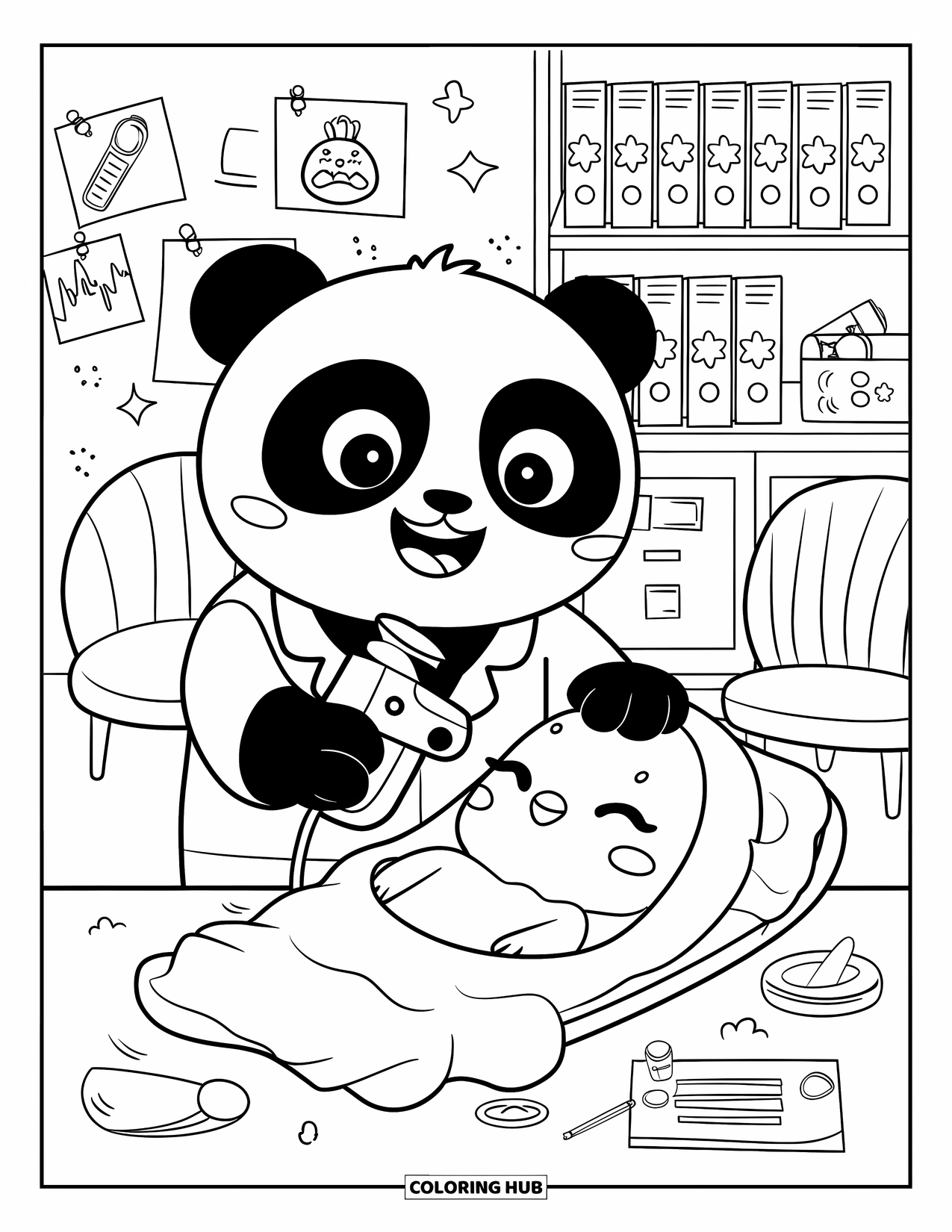 Doctor Coloring Page for Adults: A smiling panda uses a toy scanner on a cozy chick beside chairs and tiny star files