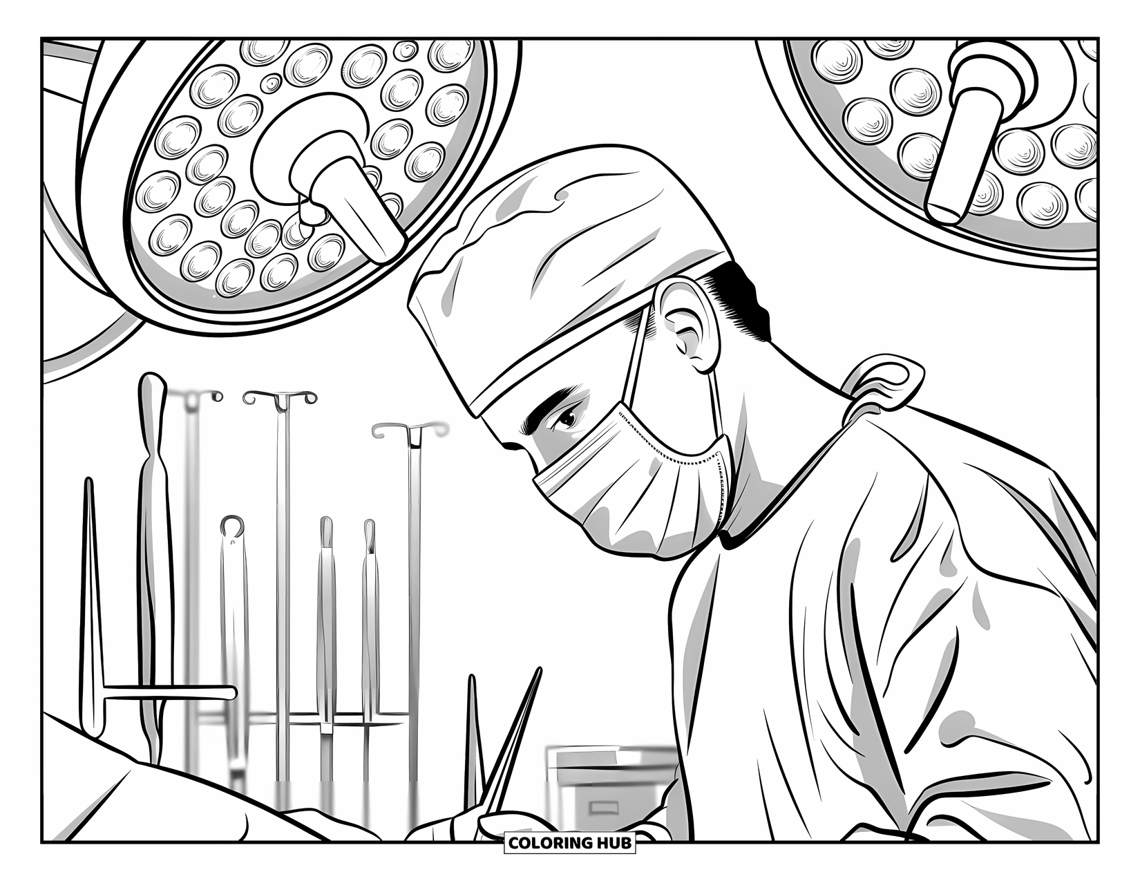 Doctor Coloring Page for Adults: A surgeon in a mask works carefully, surrounded by surgical instruments and lighting