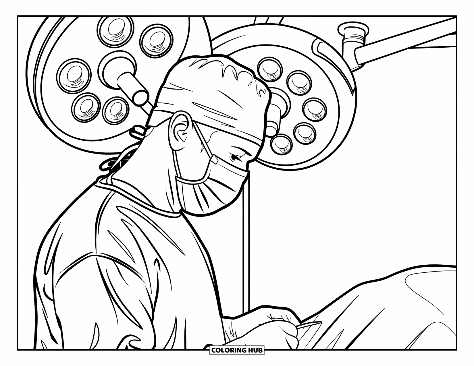 Doctor Coloring Page for Adults: A surgeon in profile concentrates mid-procedure under detailed lights and tools