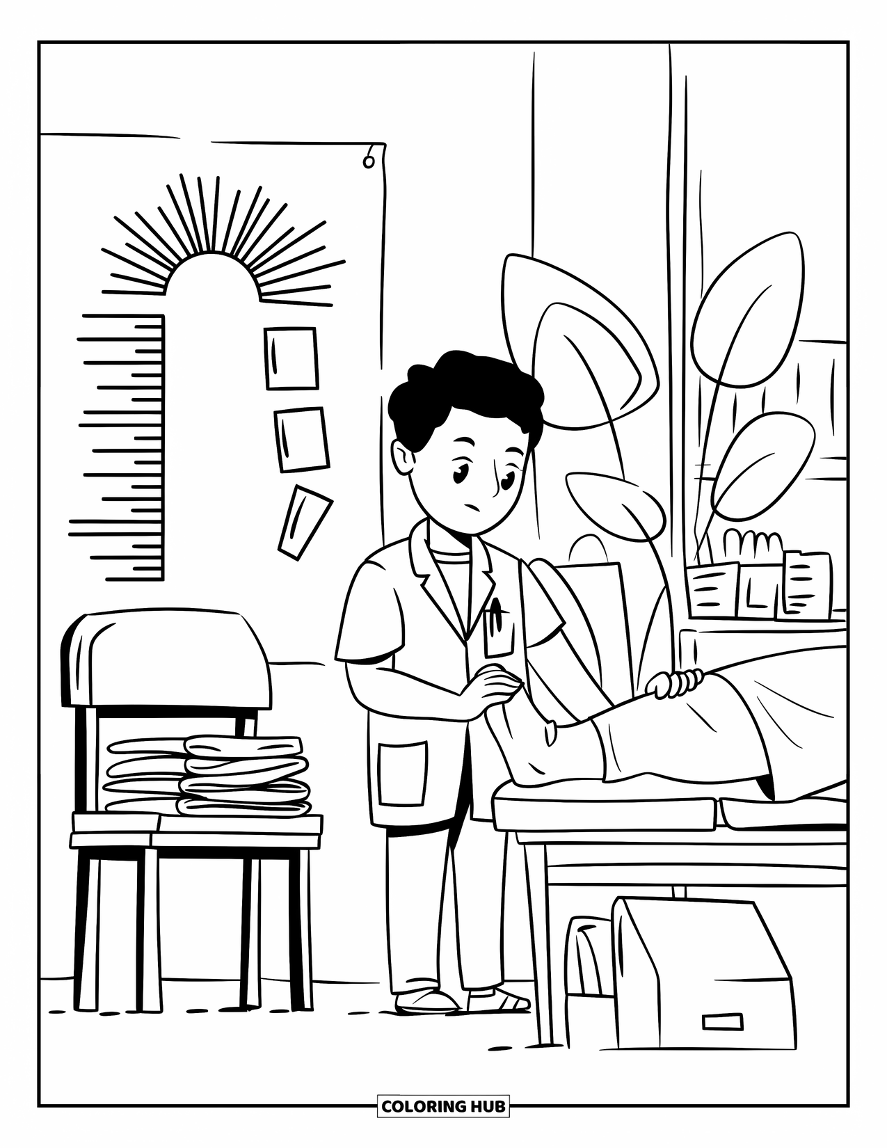 Doctor Coloring Page for Adults: A young doctor performs a reflex test in a calm room with a plant and window