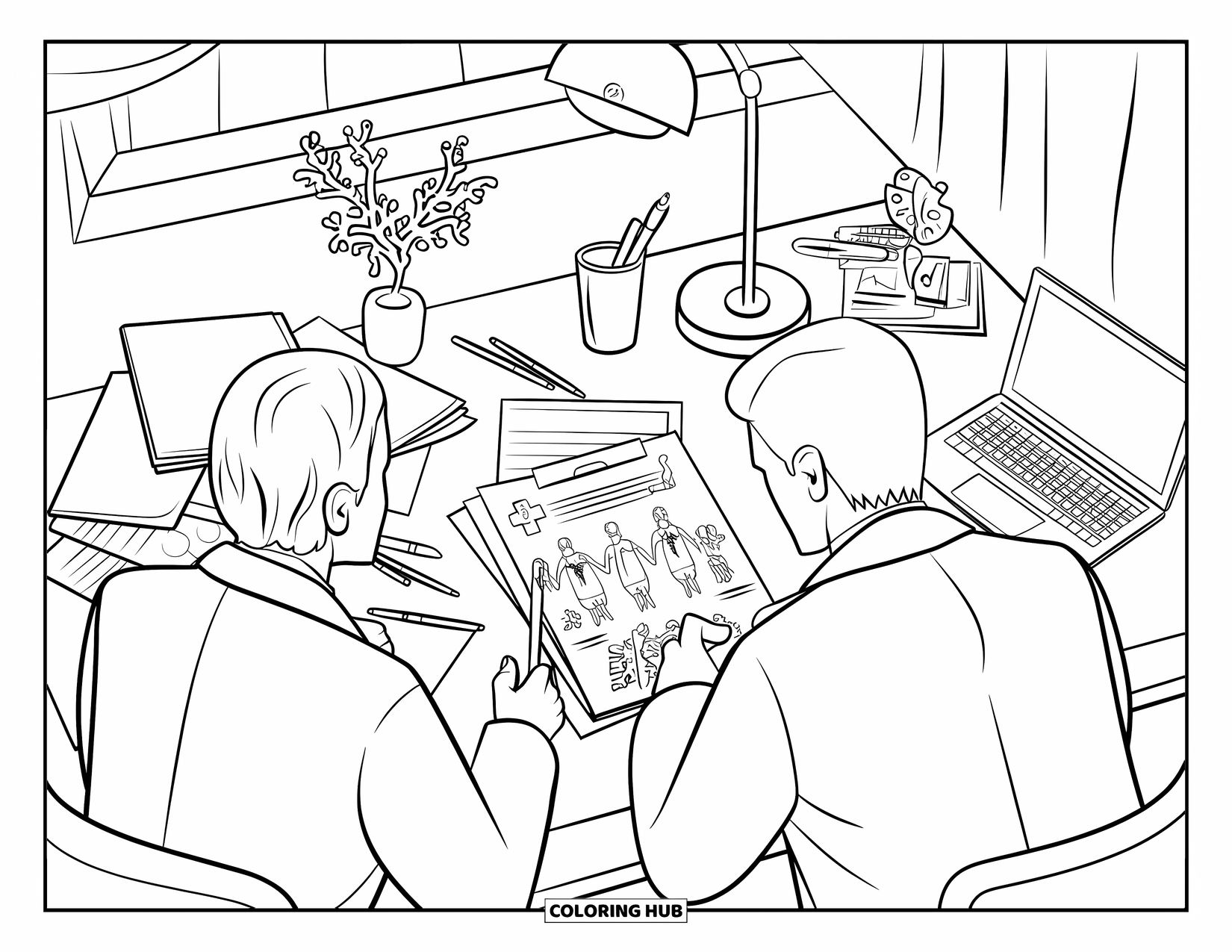 Doctor Coloring Page for Adults: Doctors discuss a chart at a desk with papers, a lamp, and a plant nearby